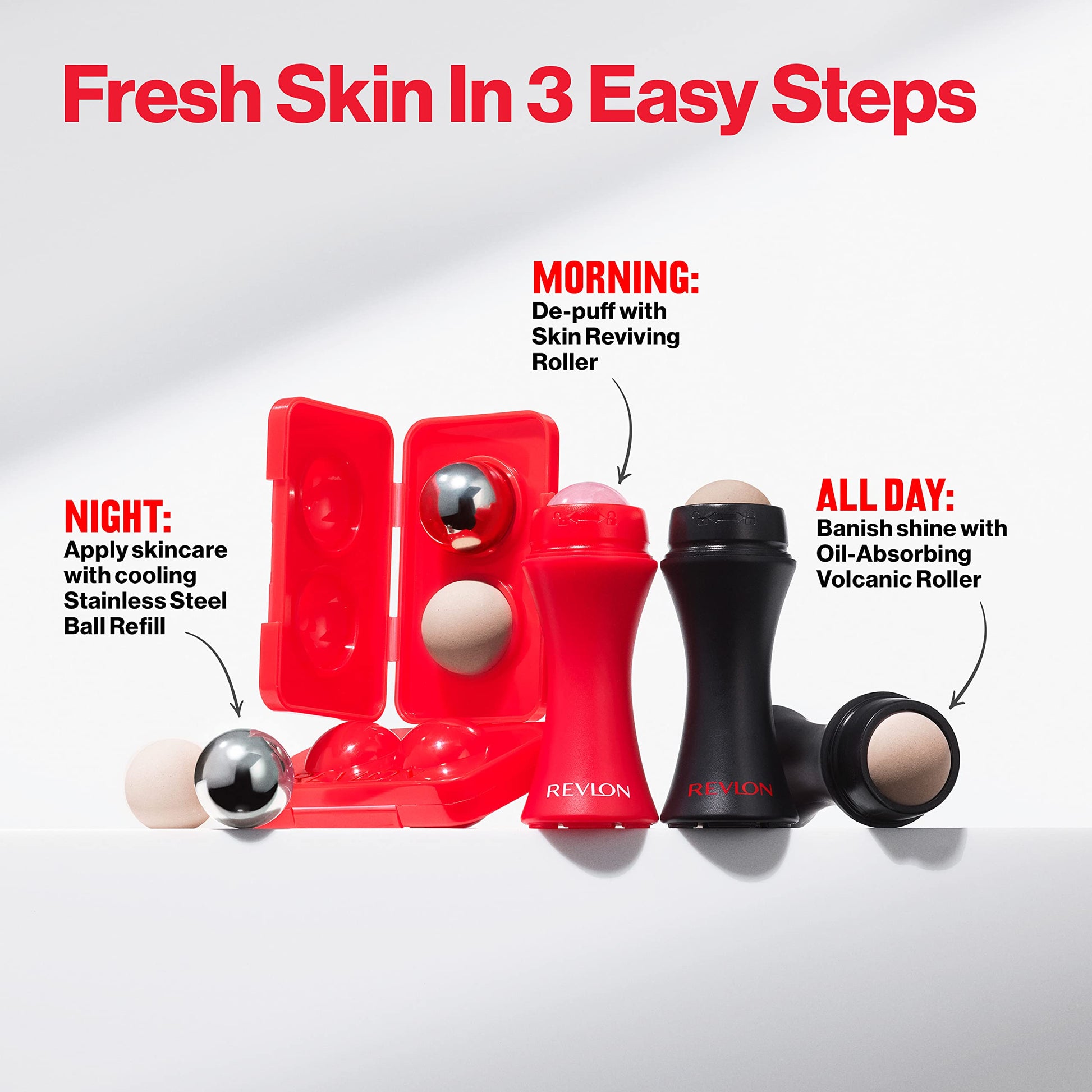 Revlon Oil Absorbing & Cooling Facial Roller Refill Pack with Stainless Steel & Lava Stones in Storage Case, Eco-Friendly, Easy to Clean, 1 count