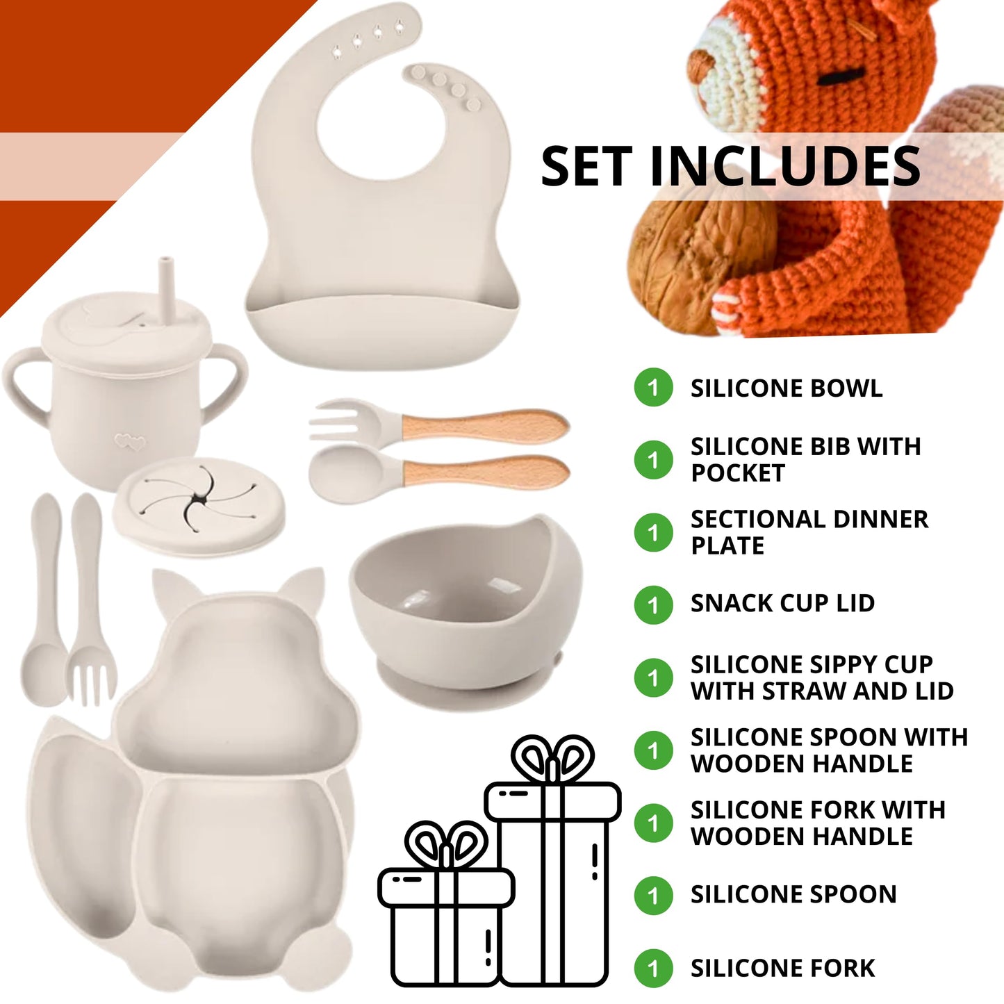 Beige Silicone Feeding Set of 9 – Food Grade Silicone Toddler Self Feeding Dish Set for Feeding Tableware Snack Cover Cups with Straws Forks Spoons Adjustable Bib Easy to Clean Baby Eating Utensils