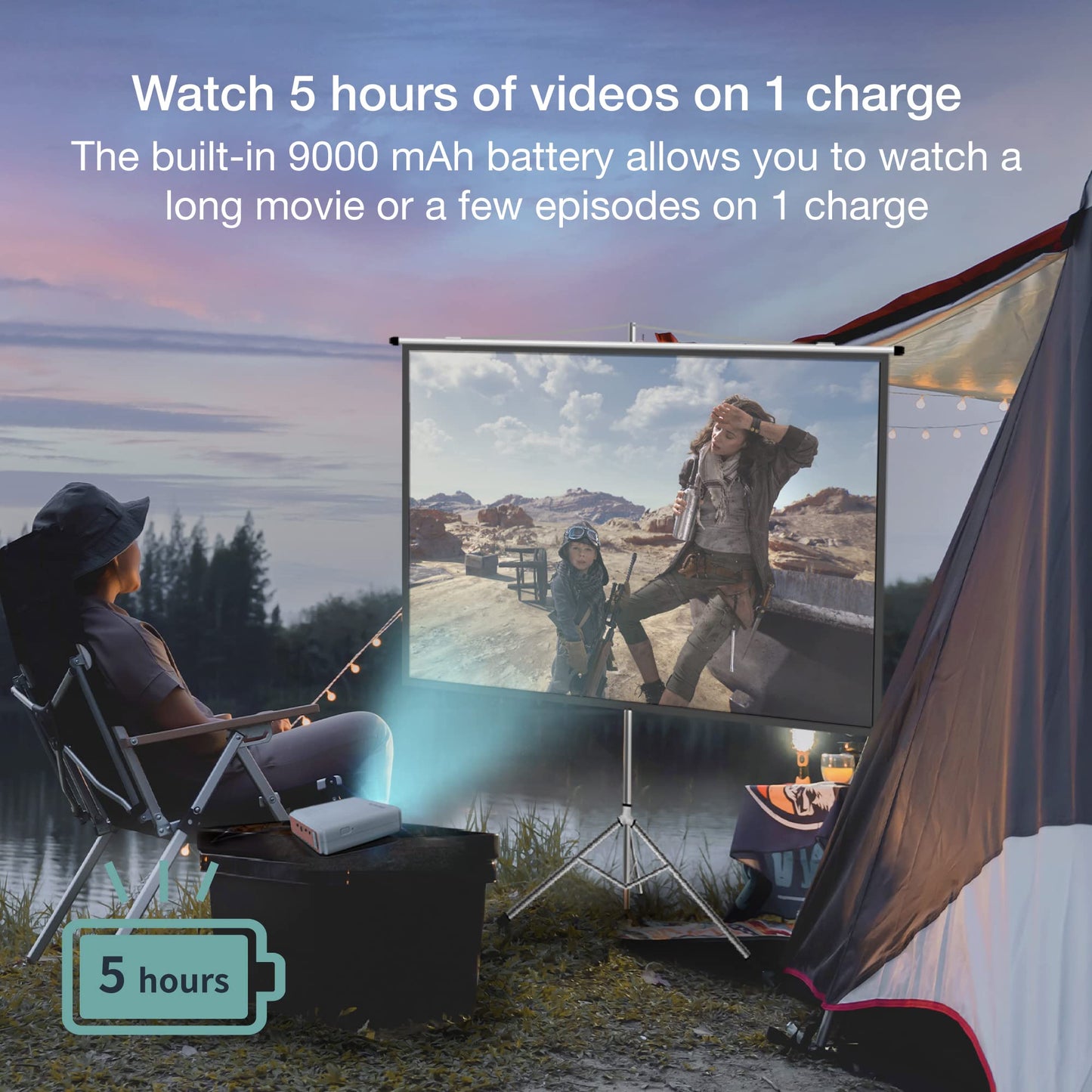 EZCast Proyector de Viaje J4 2024: Portátil con batería y Altavoz Integrados. Ideal para Camping y Viajes. DLP 1080p, Compatible con HDMI, USB, iPhone y Dispositivos Android