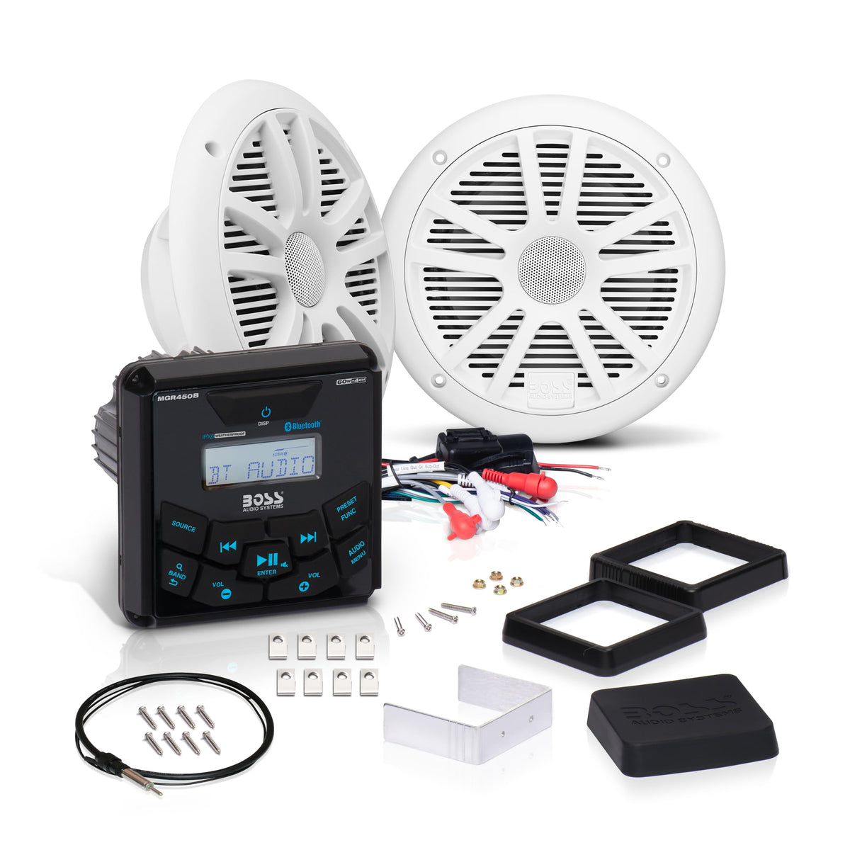 Sistema de Audio Marino Boss Audio Blanco con Bluetooth y Resistente al Clima IPX6, Dos Altavoces de 6.5" y un Receptor