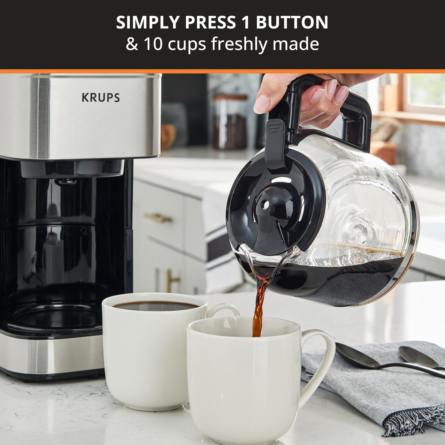 KRUPS Cafetera de Filtro Permanente Simply Brew Family Inoxidable, capacidad para preparar 10 tazas de café, incluye filtro permanente y cuchara dosificadora, 900 W, KM203D50