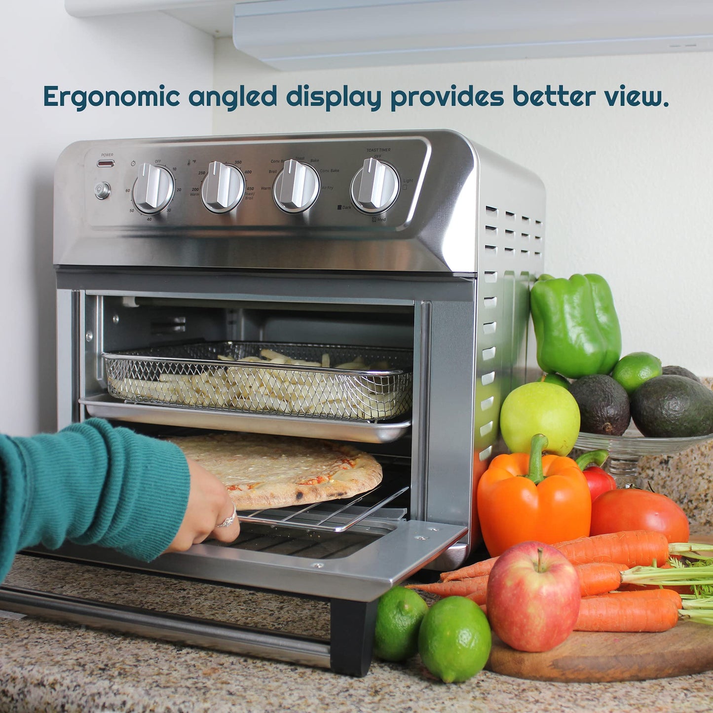 iCucina - Horno tostador para freidora de aire de convección de 1800 W, horno de encimera grande de 22.5 cuartos con funciones 7 en 1 (tostador cortada), acero inoxidable
