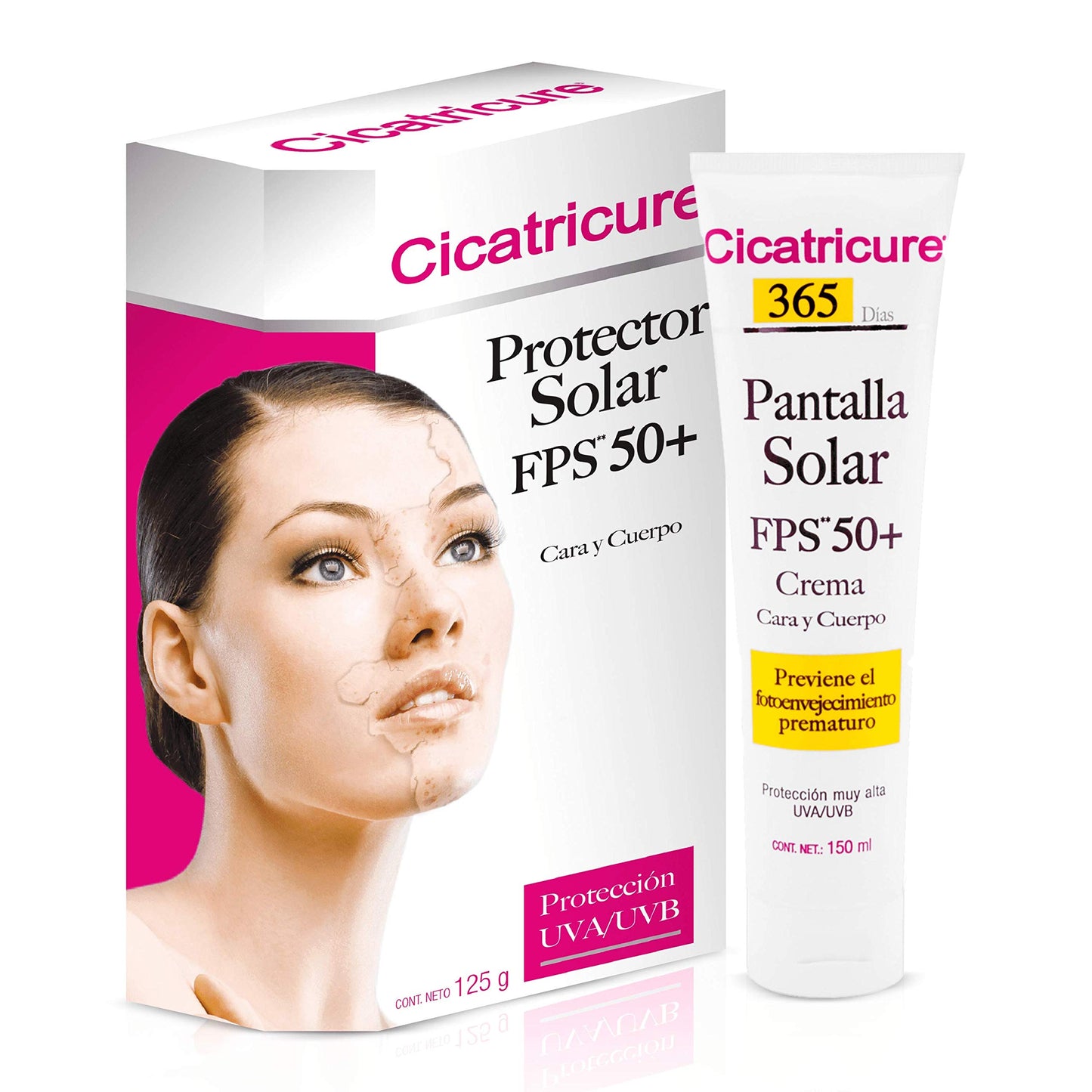 CICATRICURE - Protector Solar FPS 50 y Pantalla Solar. Crema con acción humectante e hidratante con protección UVA/UVB, para uso en cara y cuerpo, presentación con 125g
