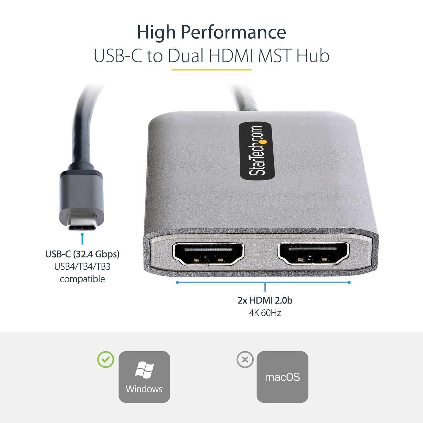 Adaptador USB-C a HDMI Dual StarTech.com Negro con Cable Extralargo Integrado para Notebook Solo Windows
