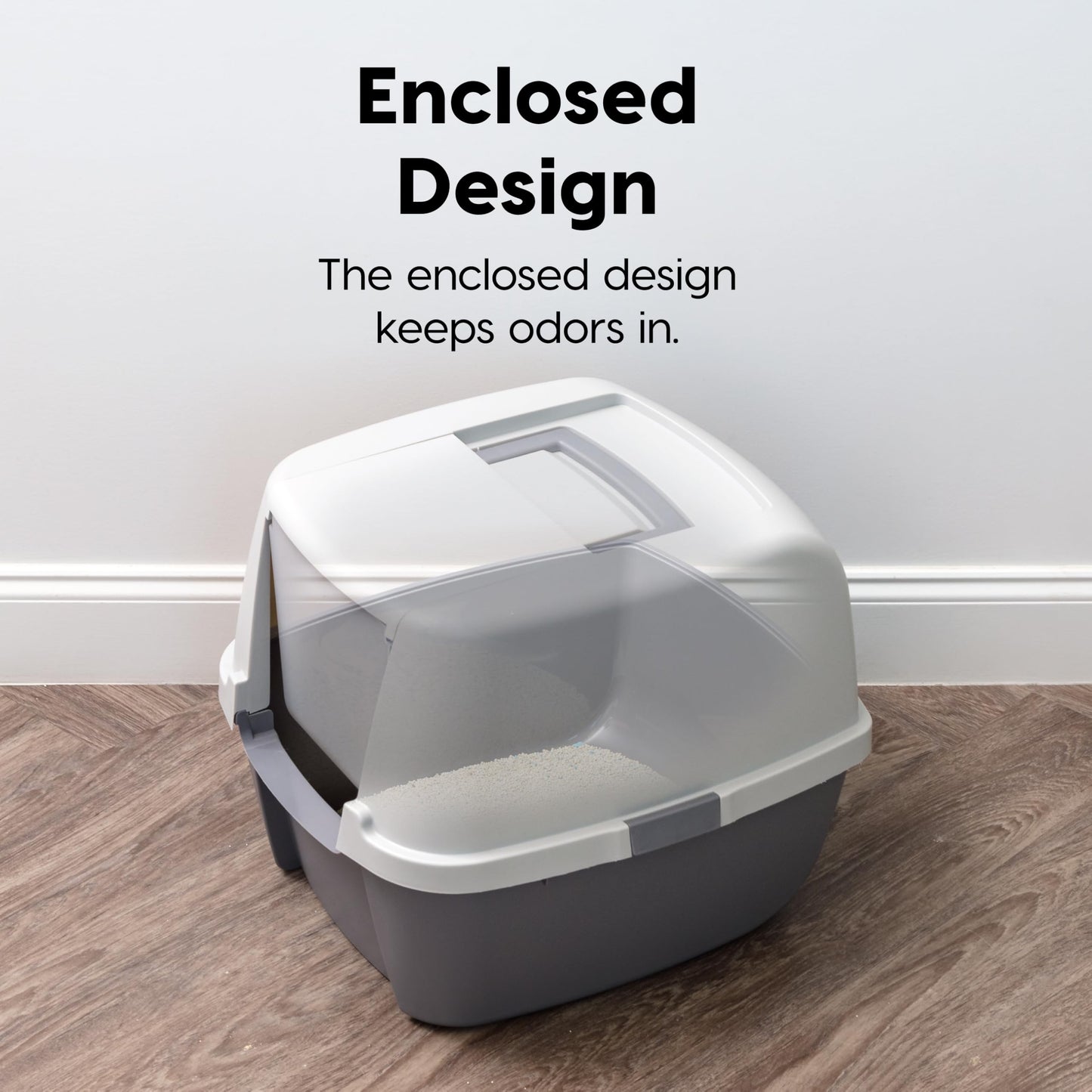 IRIS USA Jumbo Enclosed Cat Litter Box with Front Door Flap and Scoop, Hooded Kitty Litter Tray with Handle and Buckles for Portability and Privacy, Gray