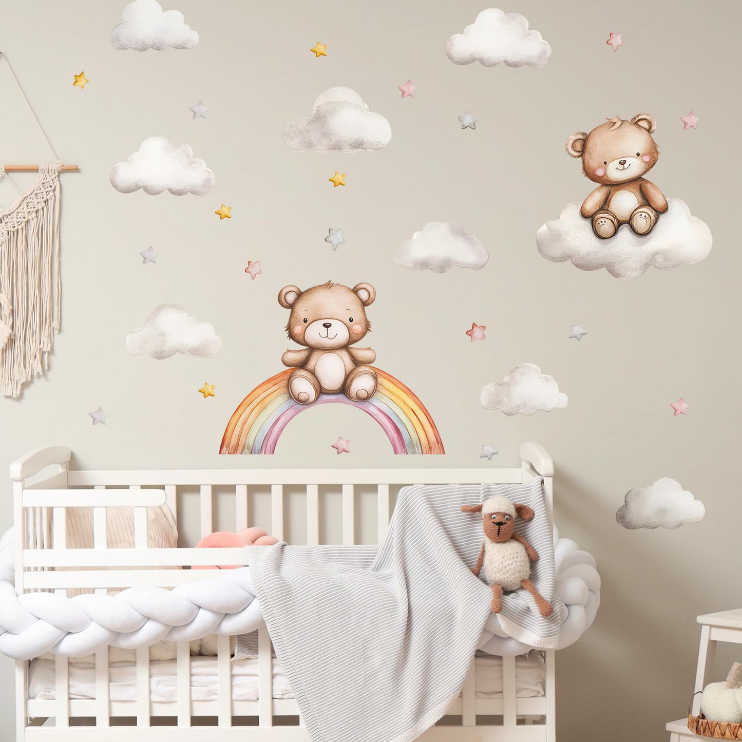 Calcomanías de pared de oso de peluche, pegatinas de pared de oso de dibujos animados, estrella de arco iris, para habitación de niños, habitación de bebé, habitación de bebé, decoración de cuarto de
