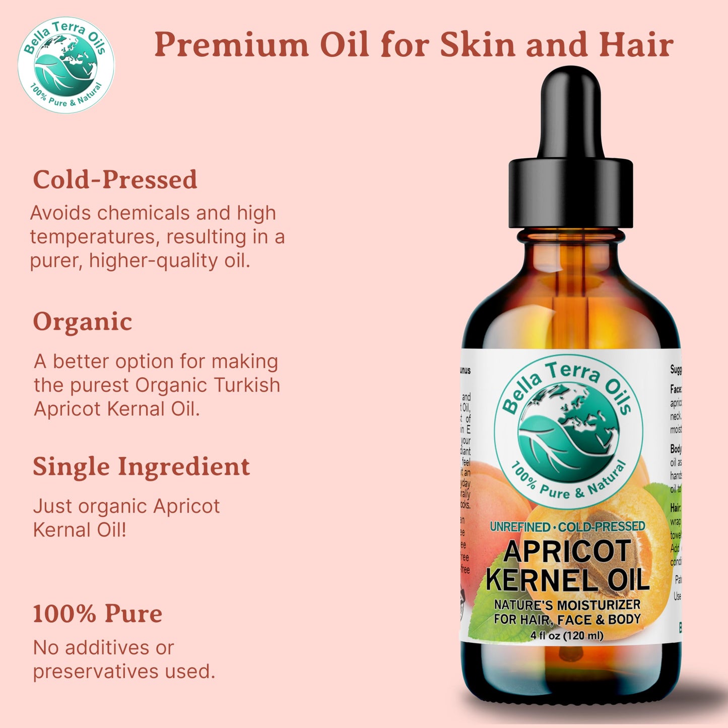 Apricot Kernel Oil 4 oz 100% Pure Cold-pressed Unrefined Organic - Bella Terra Oils