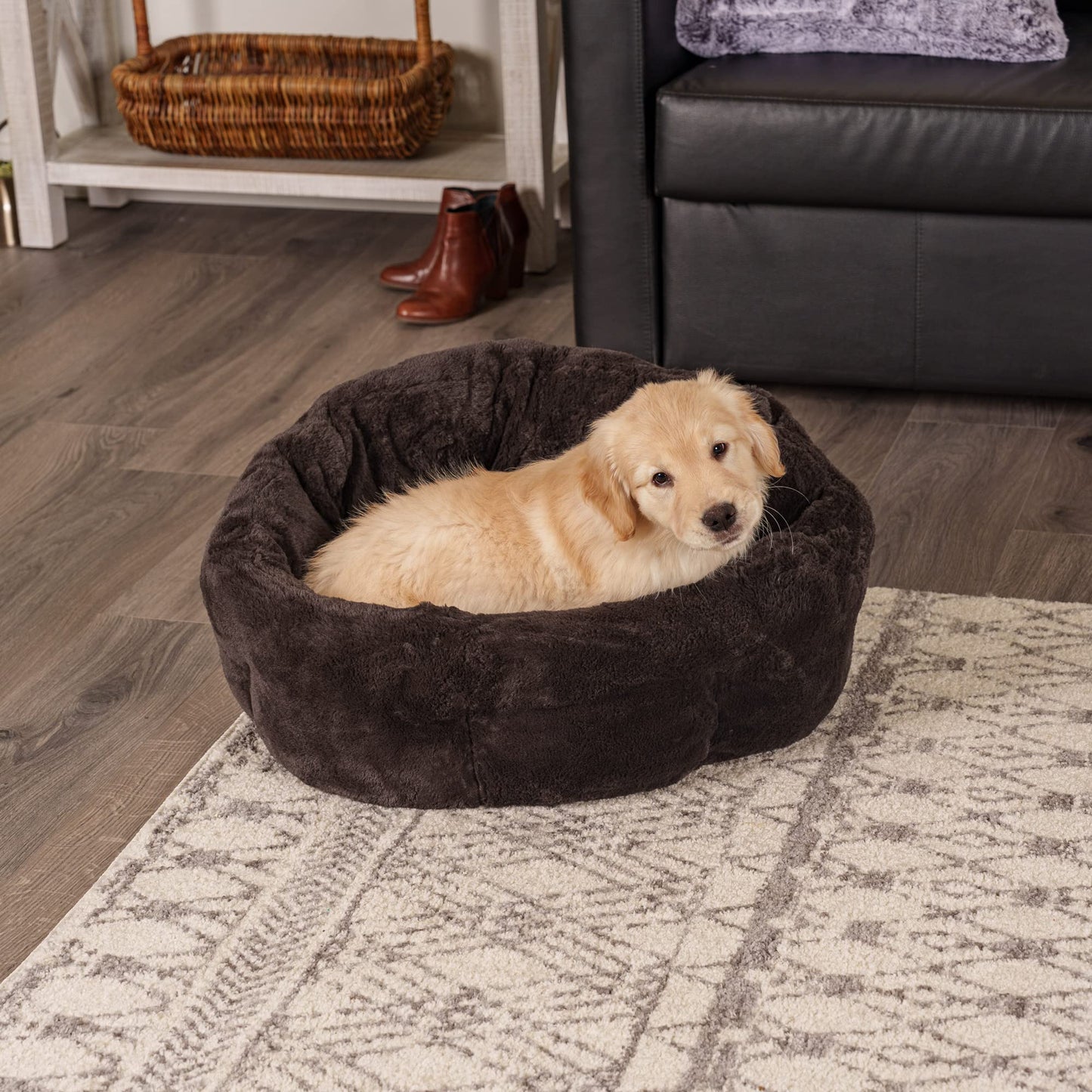 Furhaven 23" Round Medium Dog Bed Hi Lo Self-Warming Luxury Plush Faux Fur Cuddler, Washable - Sable Brown, Medium