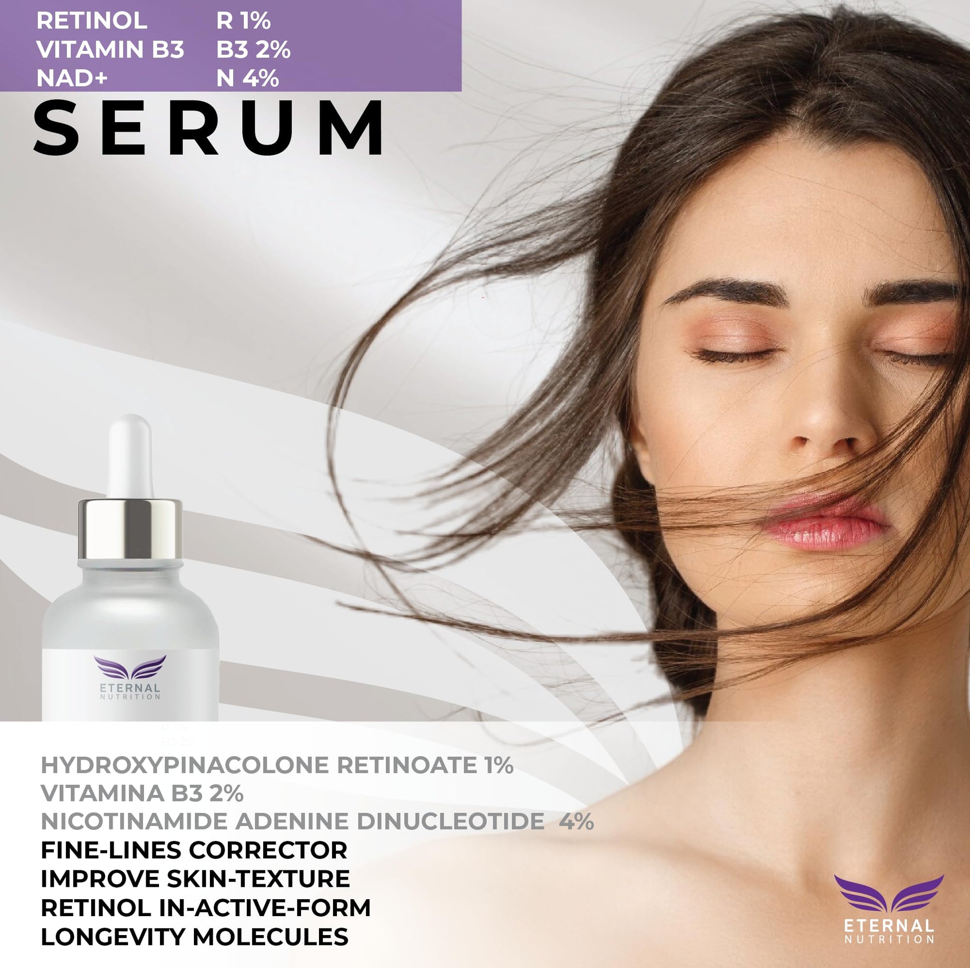 Serum RETINOL 1%, Vitamin B3 2%, NAD+ 4%. 50 ml. Suero Reductor de Líneas con Moléculas de Longevidad | Ingredientes Naturales | Skin Care | Piel Sana y Joven Uniforme | Textura Ligera | Para Todo Tipo de Piel by ETERNAL NUTRITION