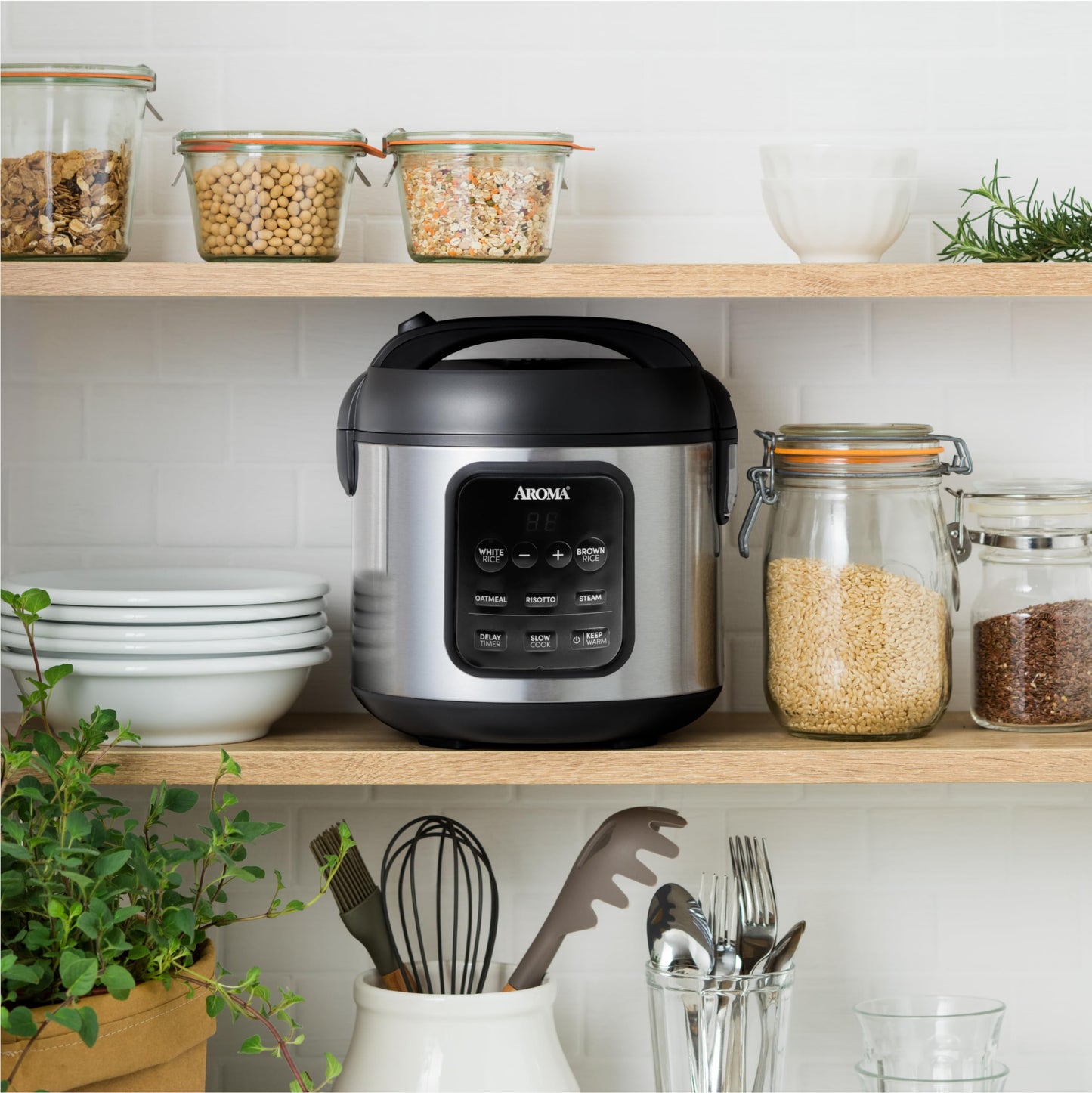 AROMA® - Arrocera digital, 4 tazas (sin cocinar) / 8 tazas (cocida), vaporizador, multicocina, olla de avena, mantiene caliente automáticamente, 2 cuartos de galón, exterior de acero inoxidable