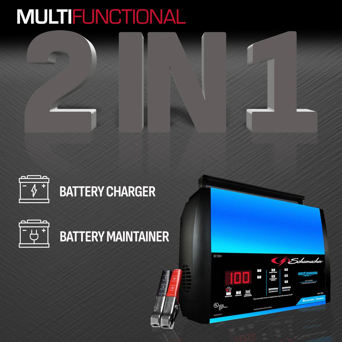 Schumacher SC1304 - Cargador y mantenedor rápido eléctrico 2 en 1 - Totalmente automático, 15 amperios, 12 voltios y 6 voltios, para motocicletas, deportes de potencia, marinos, automóviles y camiones