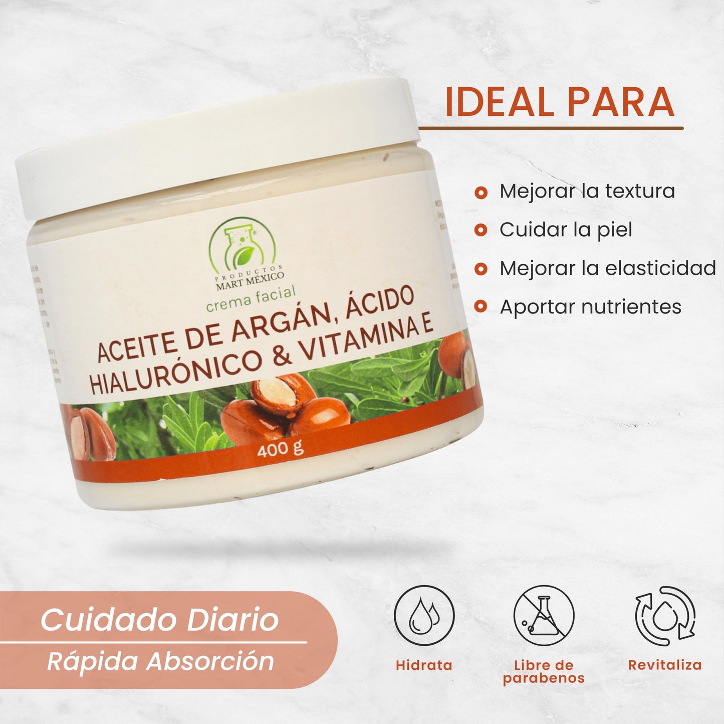Crema Facial Antiarrugas de Argán, Ácido Hialurónico & Vitamina E Piel Renovada Productos Mart Mexico 400 Grs