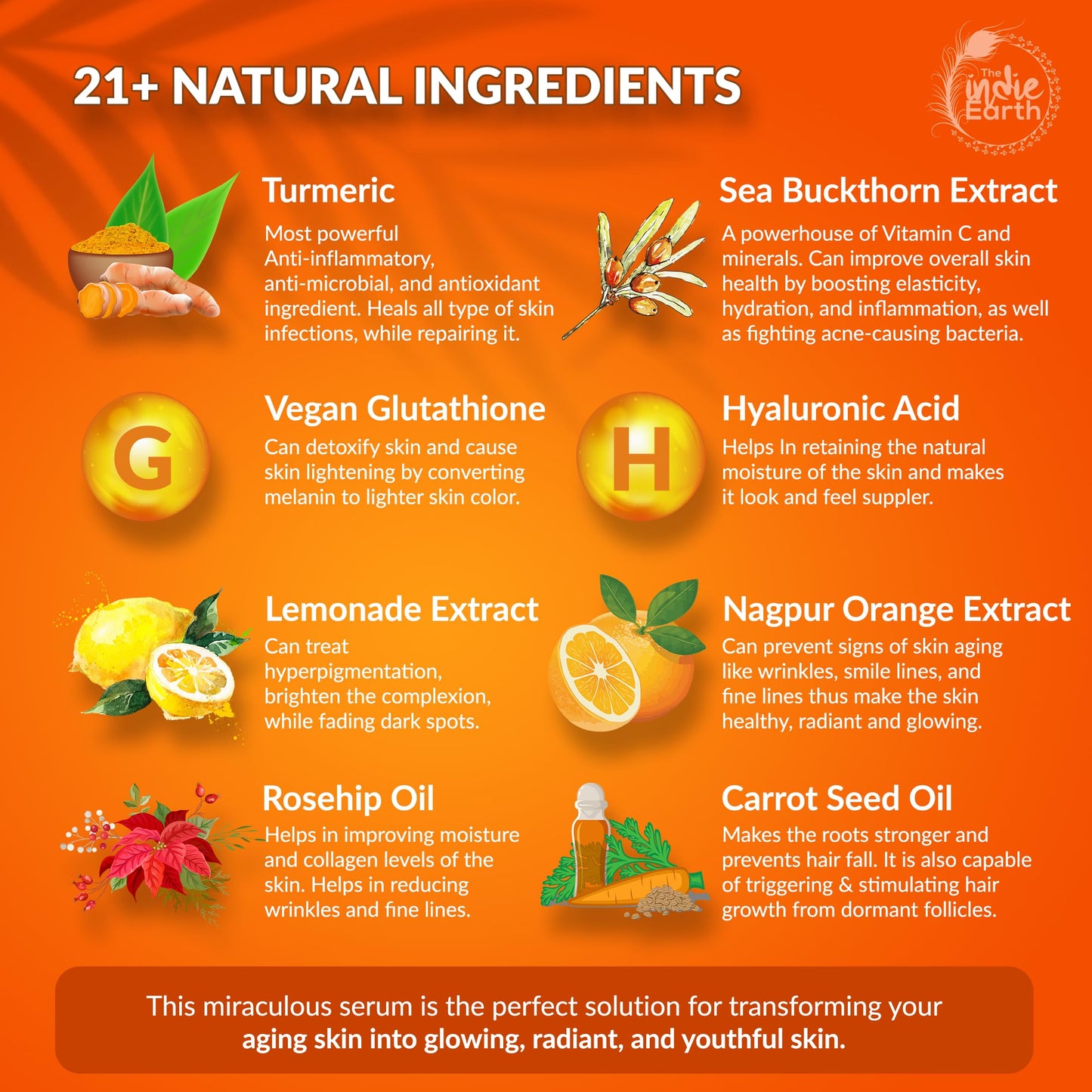 The Indie Earth Suero con vitamina C al 20%: fórmula avanzada antienvejecimiento e iluminadora con glutatión, ácido hialurónico, ácido ferúlico, cúrcuma, rosa mosqueta y espino amarillo para mejora