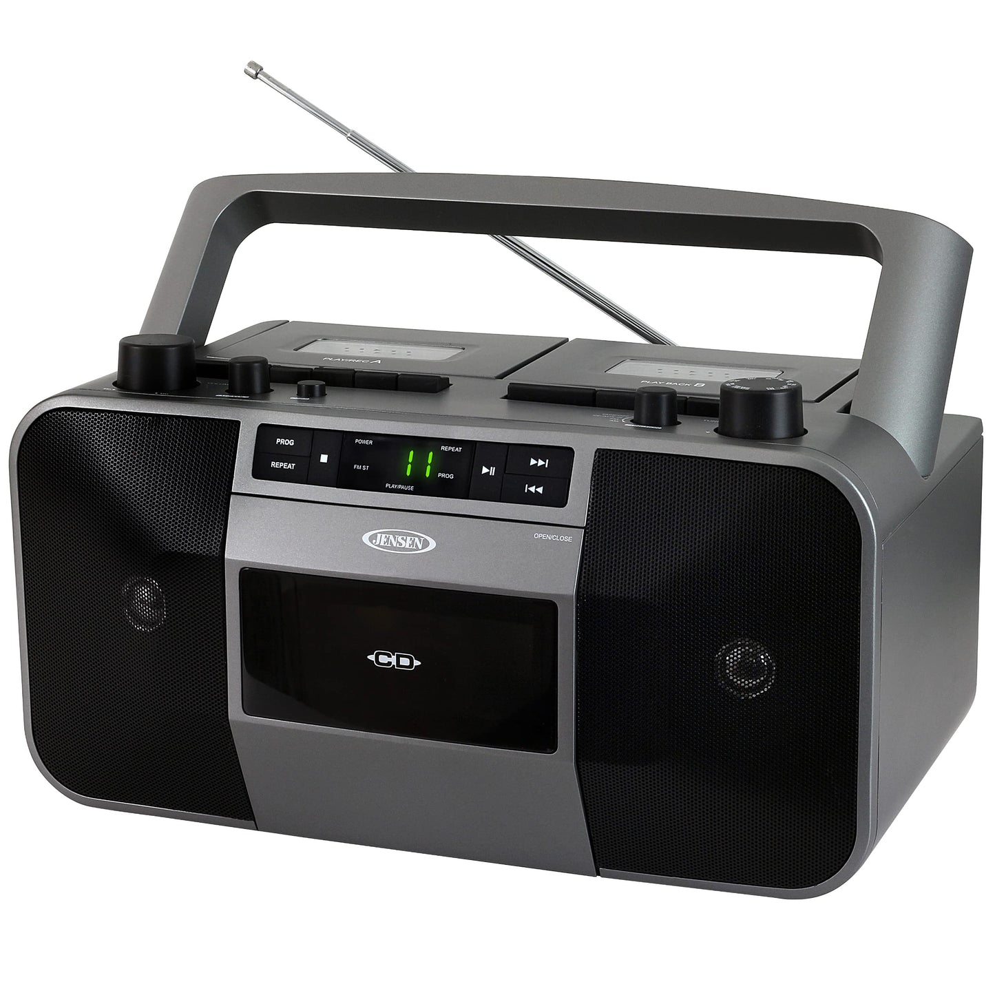 Jensen MCR-1500 Reproductor de CD y Casetes Portátil con Radio AM/FM, Estéreo, Gris, Compatible con CD y MP3, Conectividad Auxiliar y Auricular