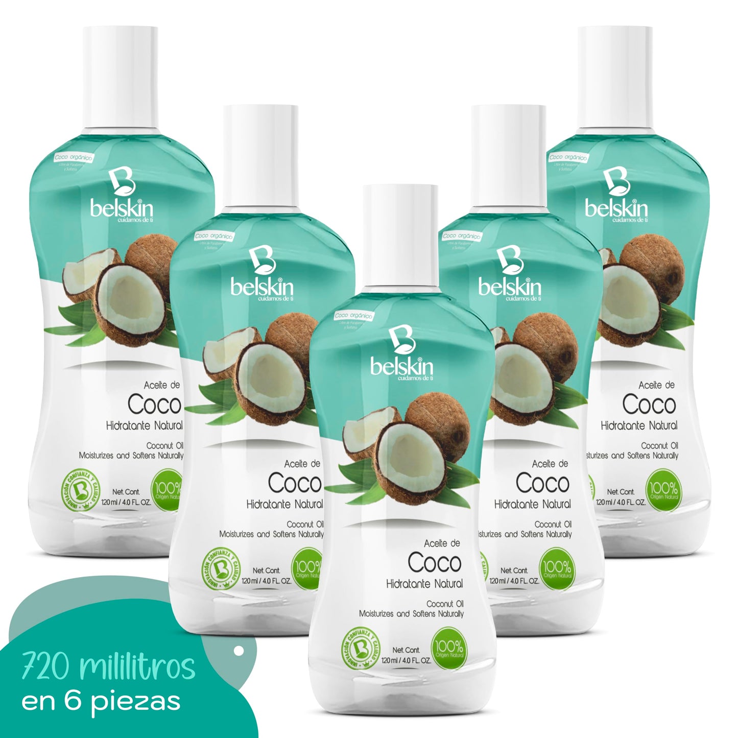 Belskin - 6 Pack Aceites Cosméticos de Coco - Aceite para Uso Corporal - Aceite para Cabello - Aceite Facial - Aceite Corporal - Hidrata y Suaviza Naturalmente - Aporta Fuerza y Brillo al Cabello - Contenido 6 Aceites de Coco con 120 ml cada uno