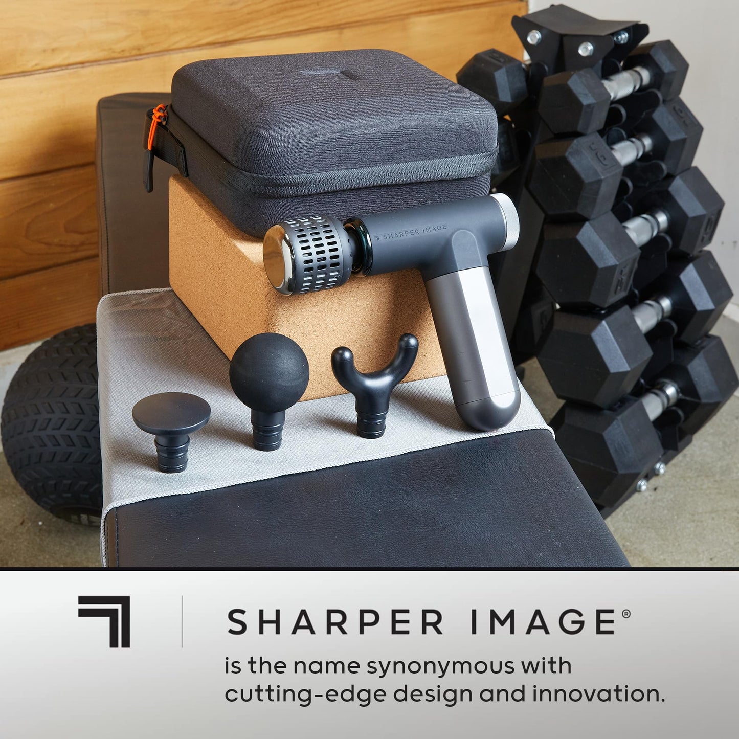 Sharper Image® Powerboost® Pro+ Masajeador compacto de percusión caliente y frío, nodo de doble temperatura, terapia calmante de calor y frío, 6 velocidades, 4 accesorios, recuperación portátil ligera