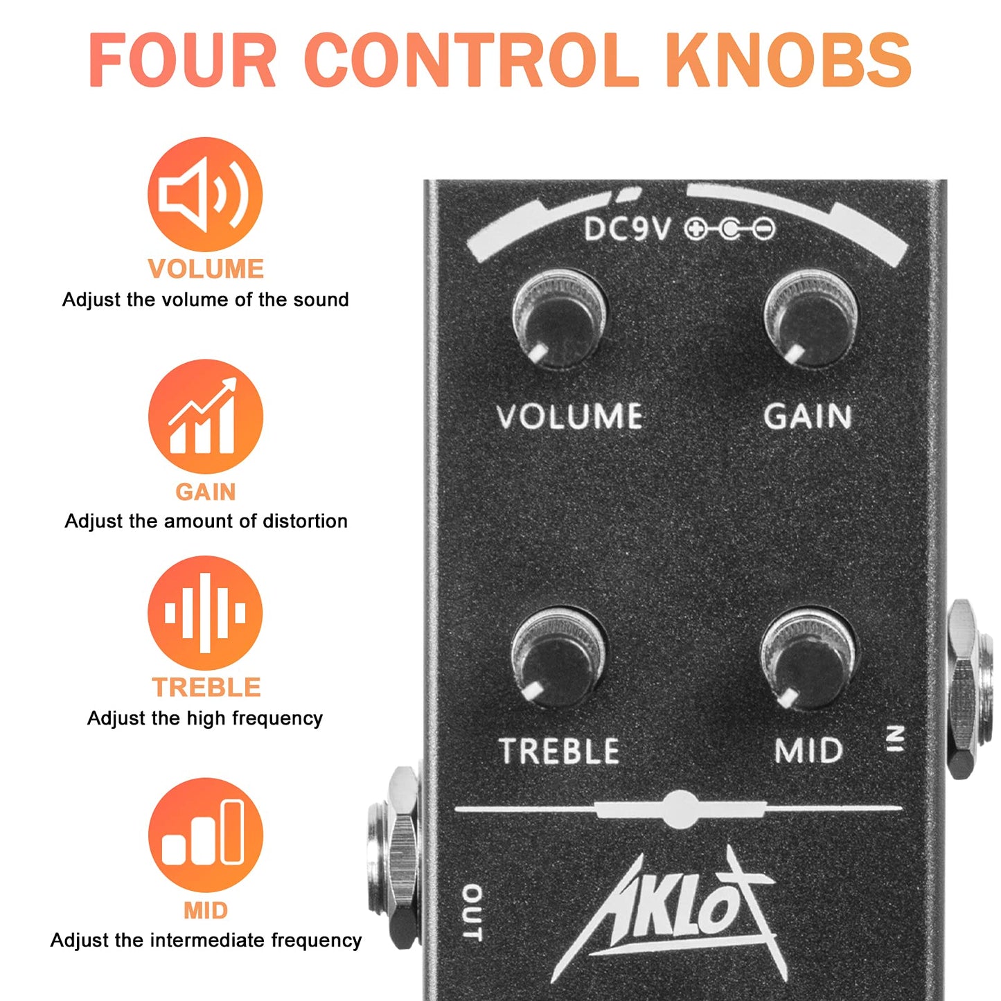 AKLOT Pedal de guitarra de distorsión de alta ganancia, mini pedales de efectos eléctricos tipo único DC 9V True Bypass