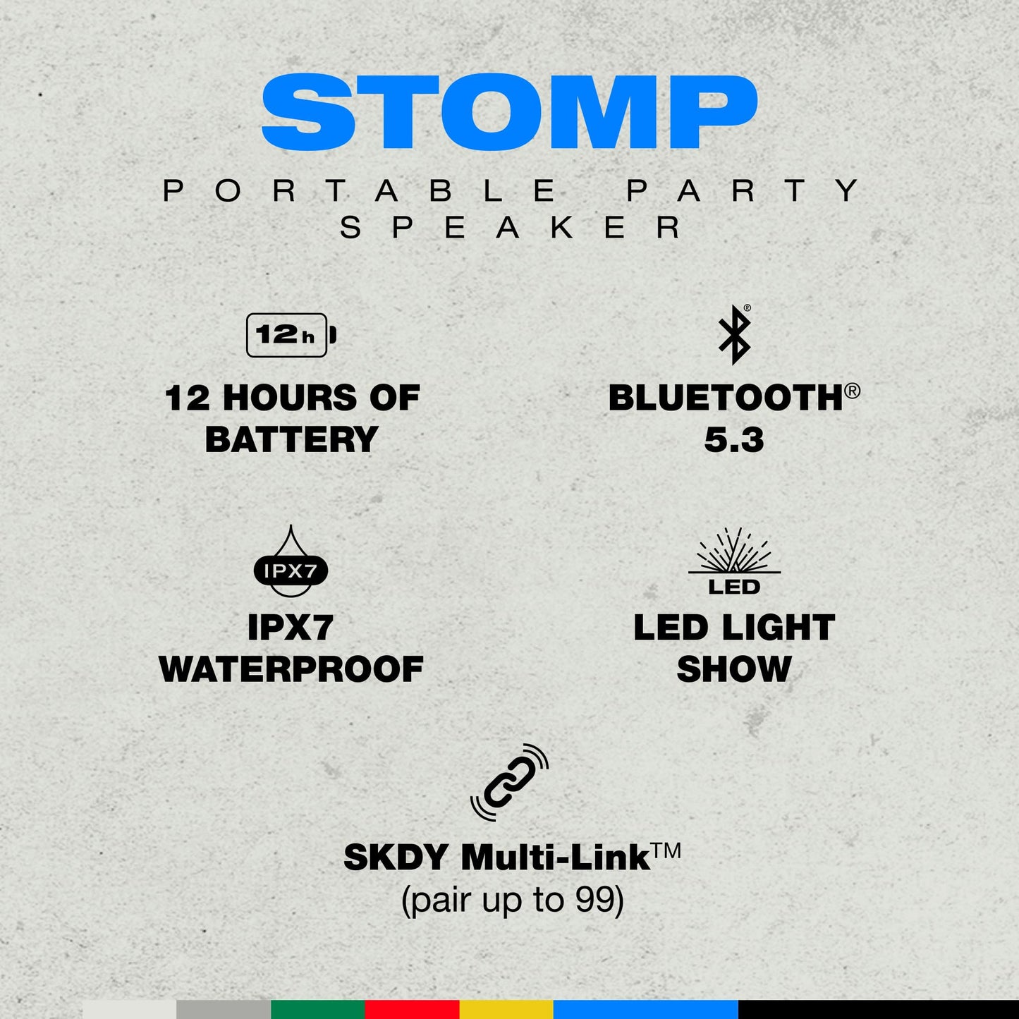 Skullcandy Stomp - Bocina Bluetooth para Fiesta, IPX7 Impermeable, inalámbrico y portátil, con Luces LED y Modos estroboscópicos, batería de 12 Horas, multienlace y Carga USB-C y USB-A 2SKSK1850B0L2