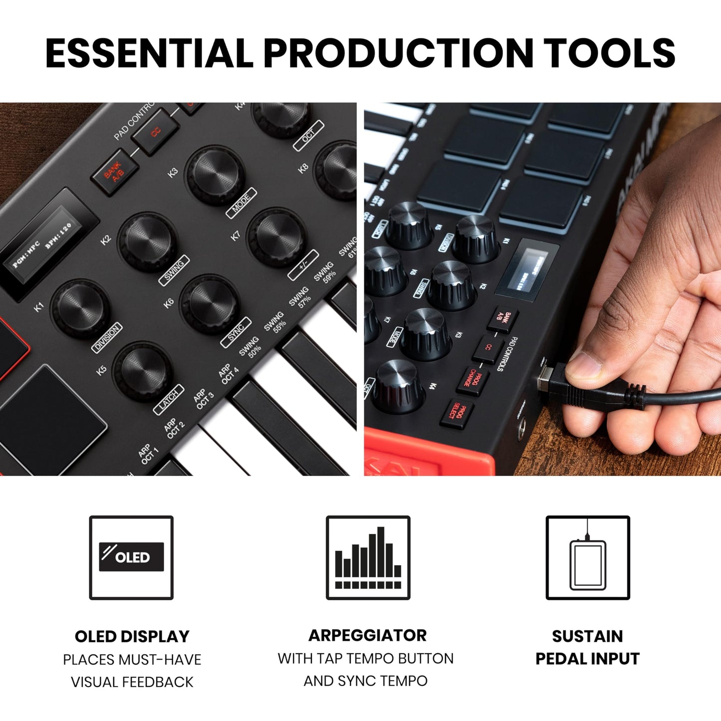 Akai Professional MPK Mini MK3 - Teclado Controlador MIDI USB de 25 Teclas con 8 Drum Pads, 8 Perillas, Software de Producción Musical y Native Instruments Sound Package (NKS Integration)