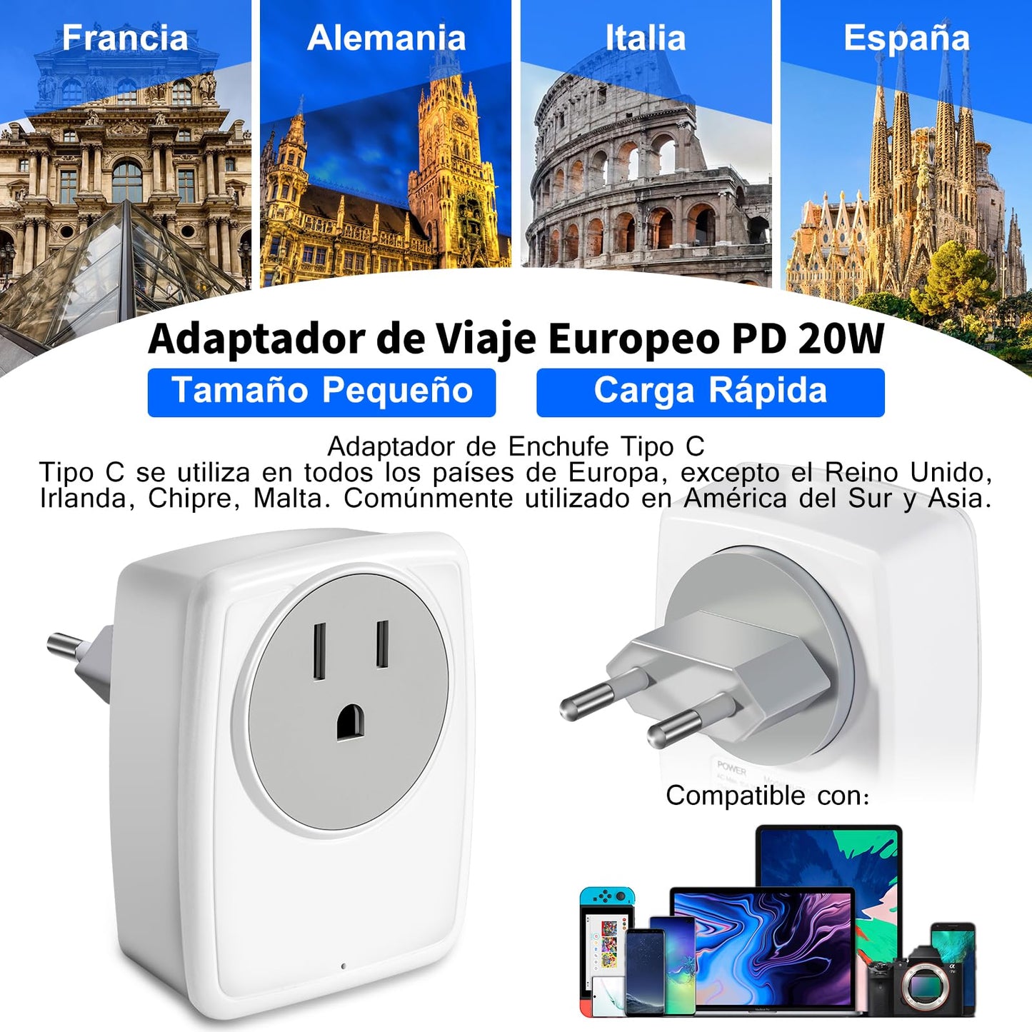 Adaptador de Enchufe Europeo de Viaje con USB C y 3 Puertos USB para España Francia Alemania Grecia Islandia