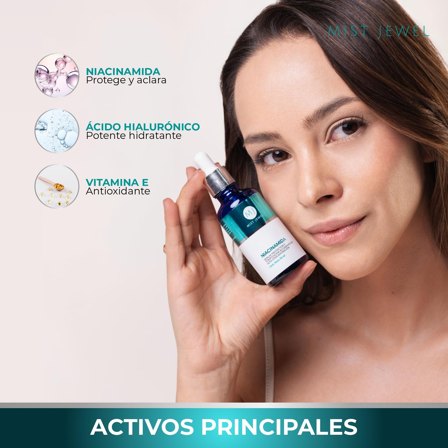 MIST JEWEL Suero facial Niacinamida, Vitamina E y Acido hialurónico tonificador aclarante y protector 50ml | Serum para hombres y mujeres cuidado facial regenerador potente e hidratante de alta efectividad