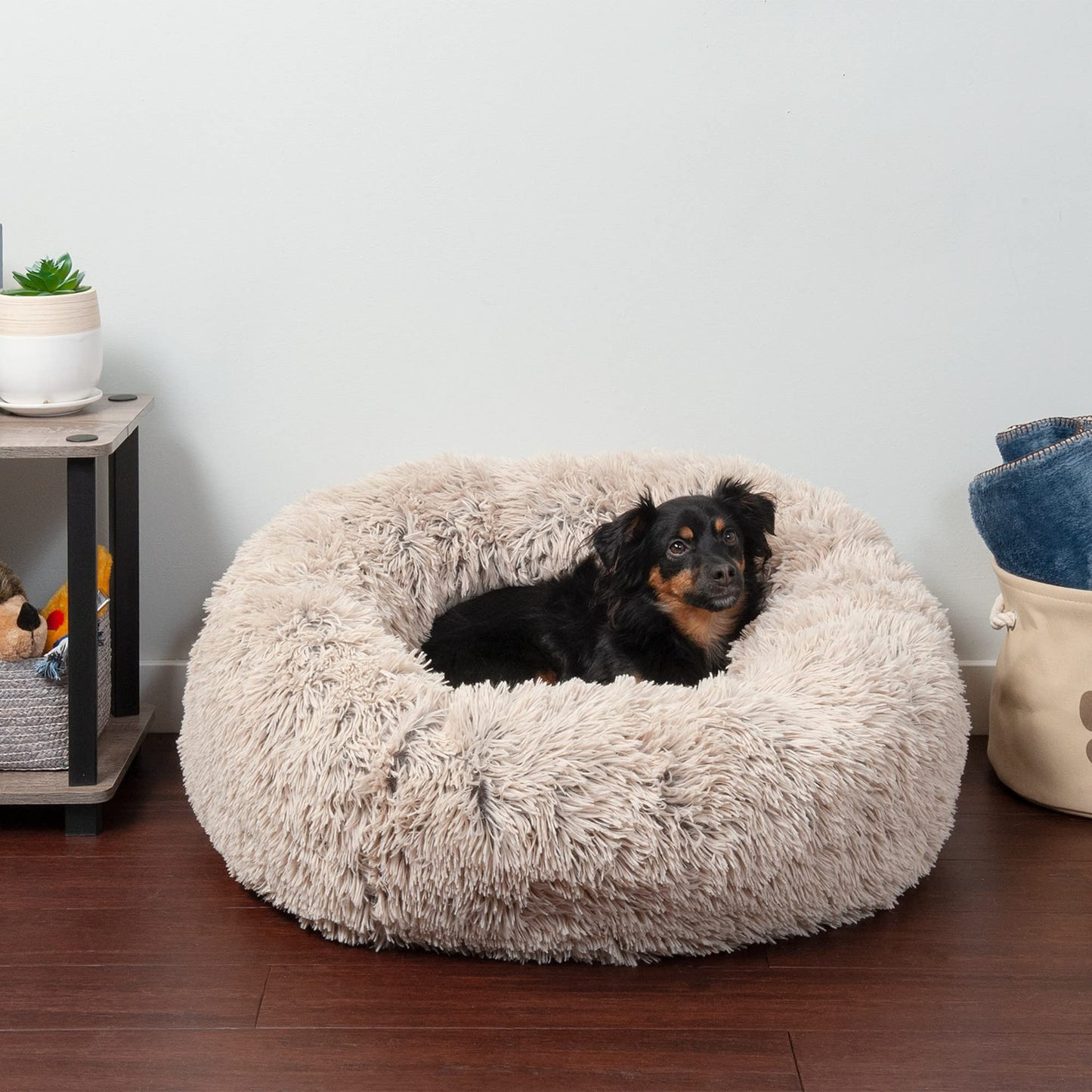 Furhaven 30" Round Medium Donut Dog Bed Plush Long Faux Fur Calming Cuddler w/Removable Washable Cover - Taupe, Medium