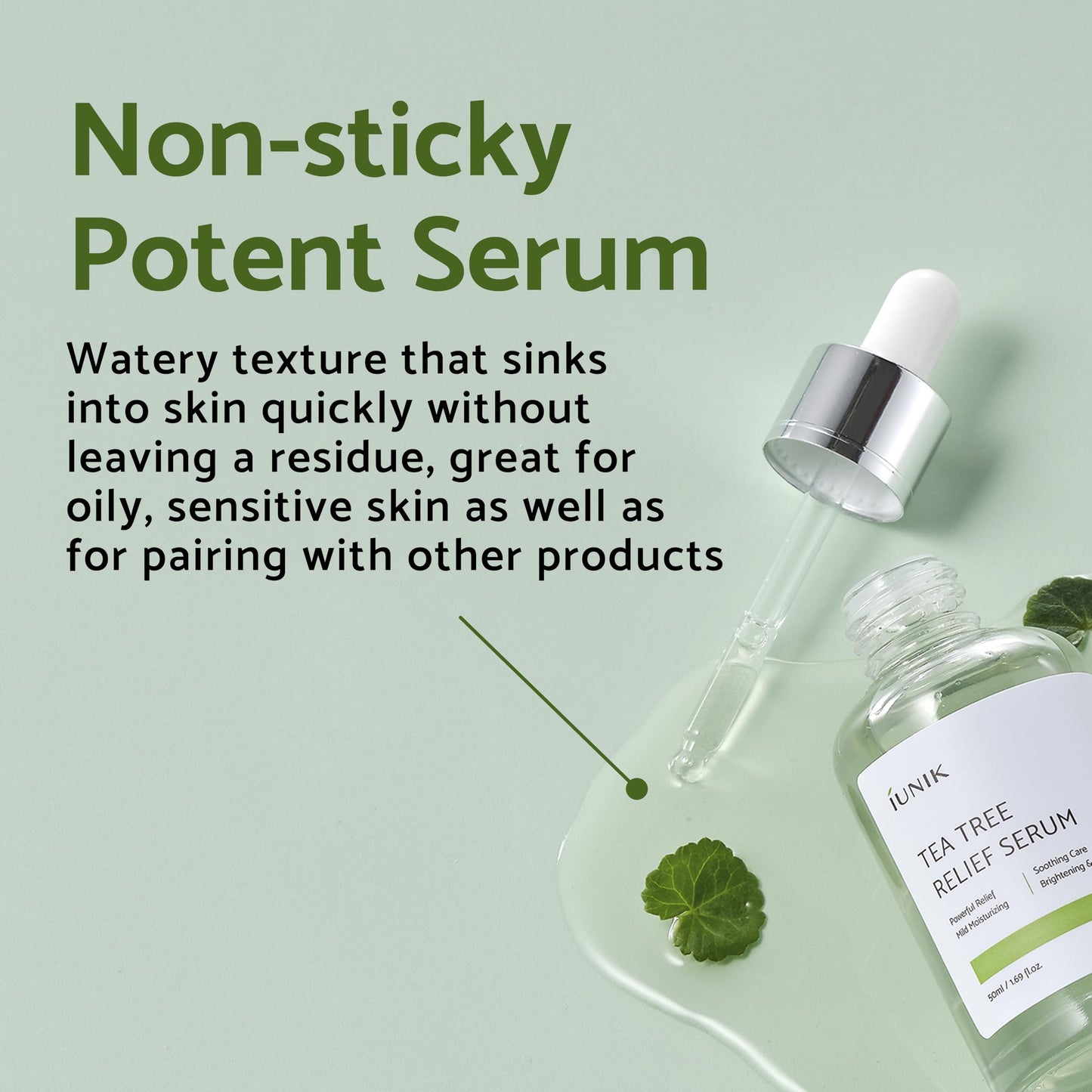 IUNIK Suero facial natural para alivio del árbol de té, 1.69 onzas líquidas, piel transparente, suero vegano, propenso al acné, piel sensible a la rosácea, imperfecciones, ingredientes a base de plantas, árbol de té, 67% centella asiática, certificado veg
