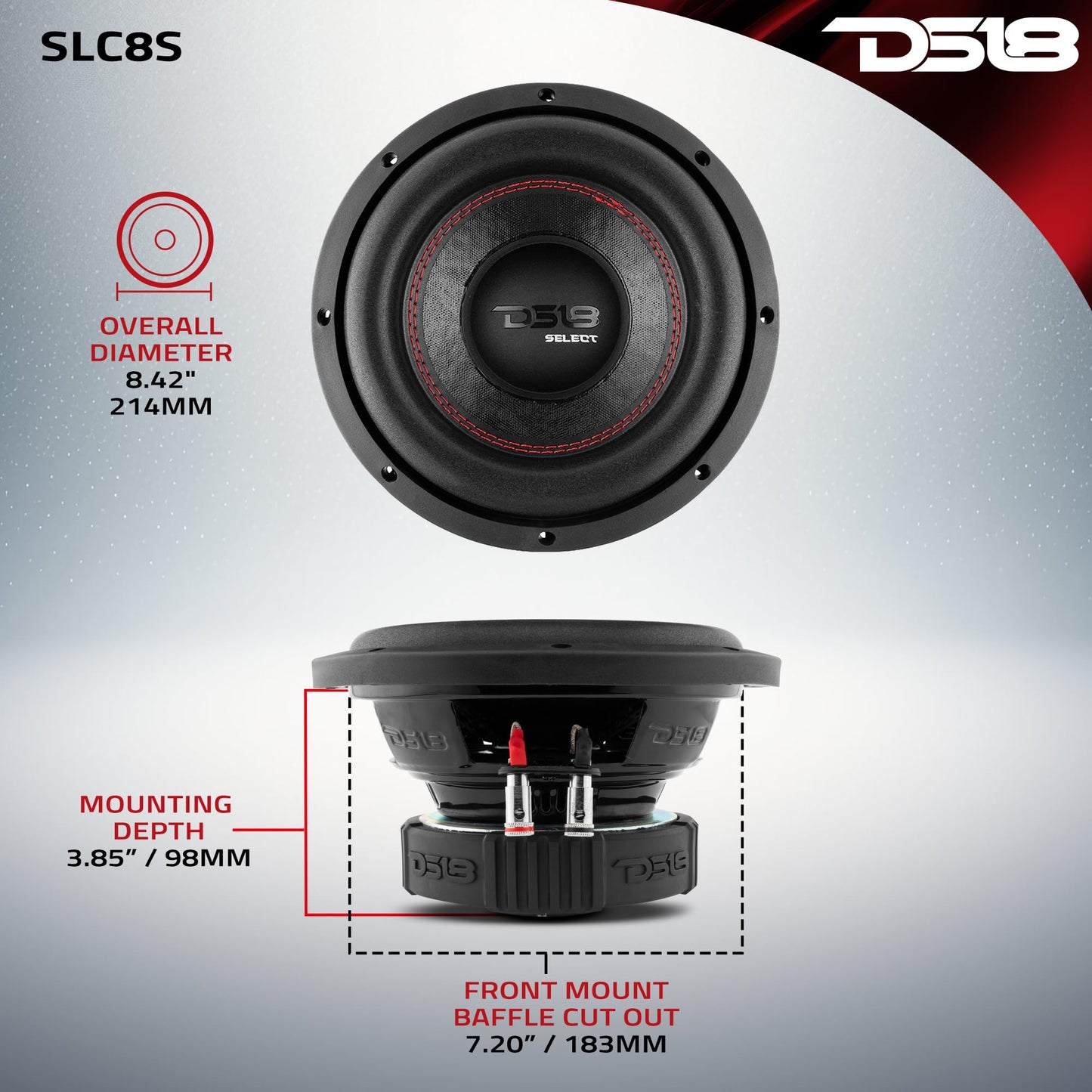 DS18 SLC8S Car Subwoofer Audio Speaker - 8" in. Paper Glass Fiber Cone, Black Steel Basket, Single Voice Coil 4 Ohm Impedance, 400W MAX Power and Foam Surround for Vehicle Stereo Sound System