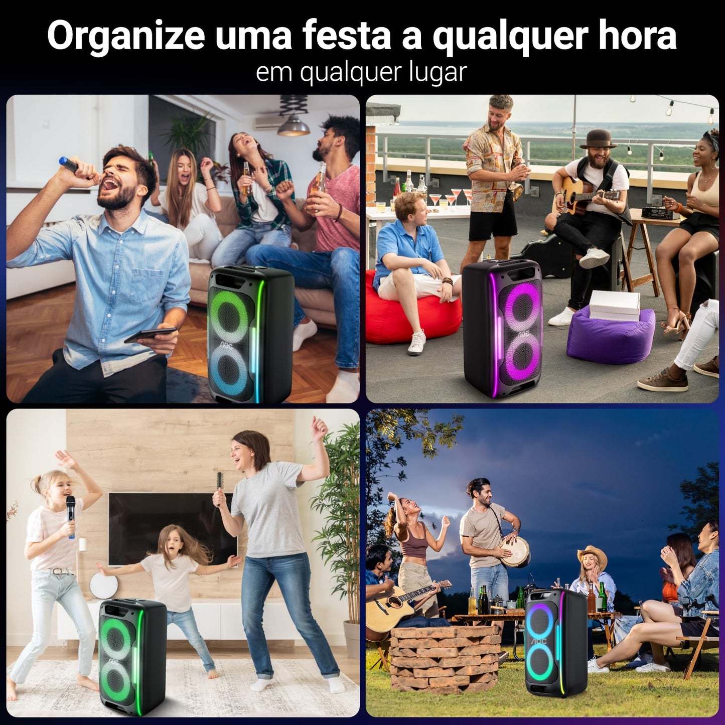 AOC ACS3221 Altavoz inalámbrico para Fiestas en Interiores y Exteriores de 55 cm con subwoofer 3600mAh 50W, Altavoz Amplificador RGB Recargable Profesional, Fiesta USB/TF/AUX/Mic/TWS/FM/BT
