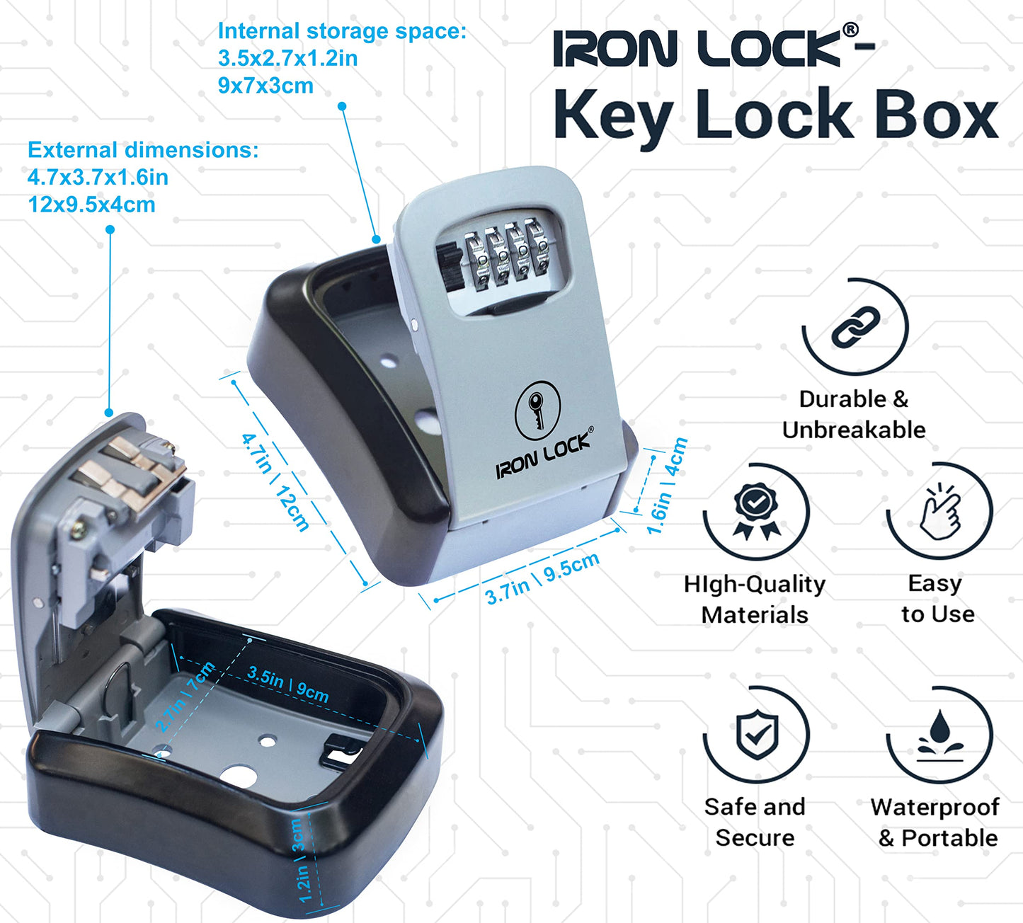Iron Lock® - Caja de bloqueo de llaves para llaves de 4 dígitos combinación con código reajustable con interruptor A B para interiores y exteriores, impermeable, para llaves de casa de repuesto, 5