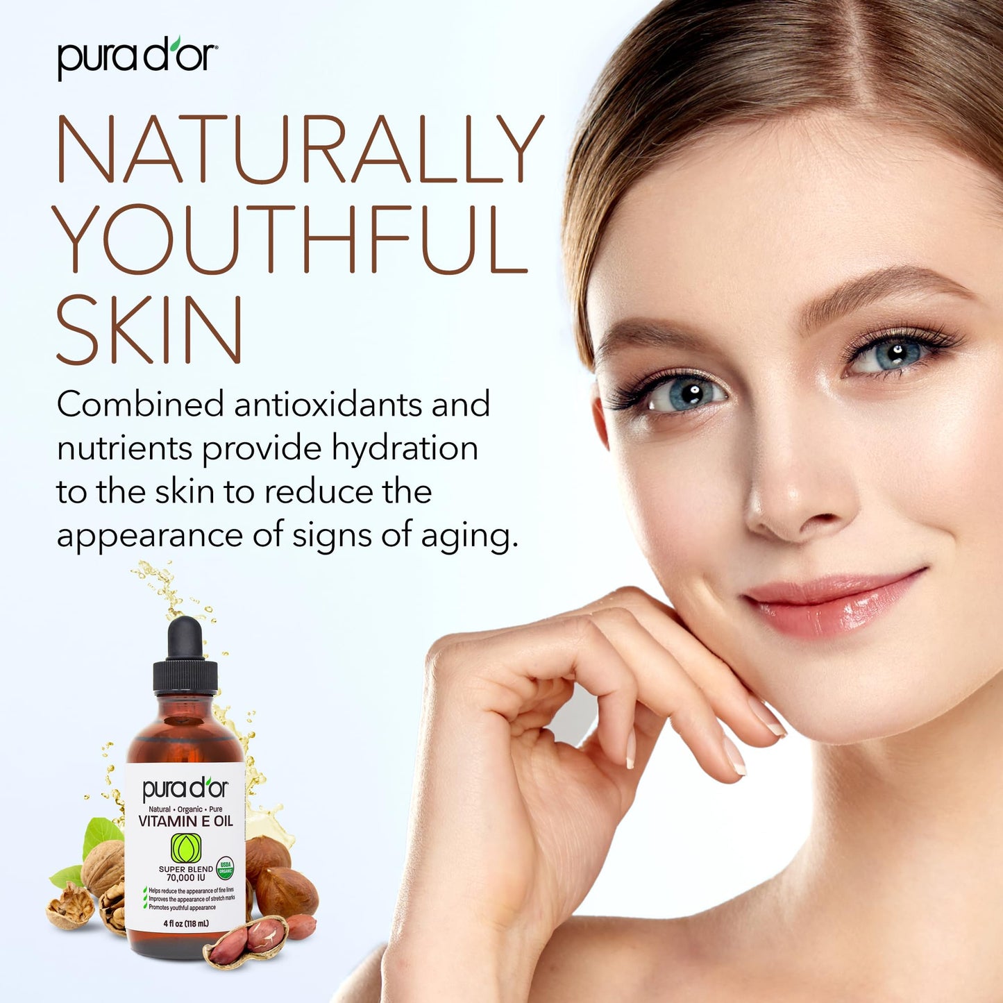 PURA D'OR Organic Vitamin E Oil (4oz / 118mL) 70,000 IU 100% Pure Natural USDA Organic For Skin Face Hexane Free w/Sweet Almond, Apricot, Jojoba, Argan, Rosehip, Sunflower & Avocado Oil For Bath Body