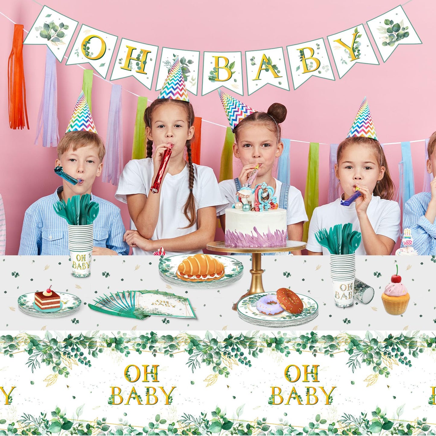 Juego de vajilla de 180 piezas de Sage Greenery Oh para fiesta de bebé, mantel de hoja de eucalipto, 24 platos de cena, plato de postre y servilletas para niño y niña, salvia, suministros de decoración de fiesta