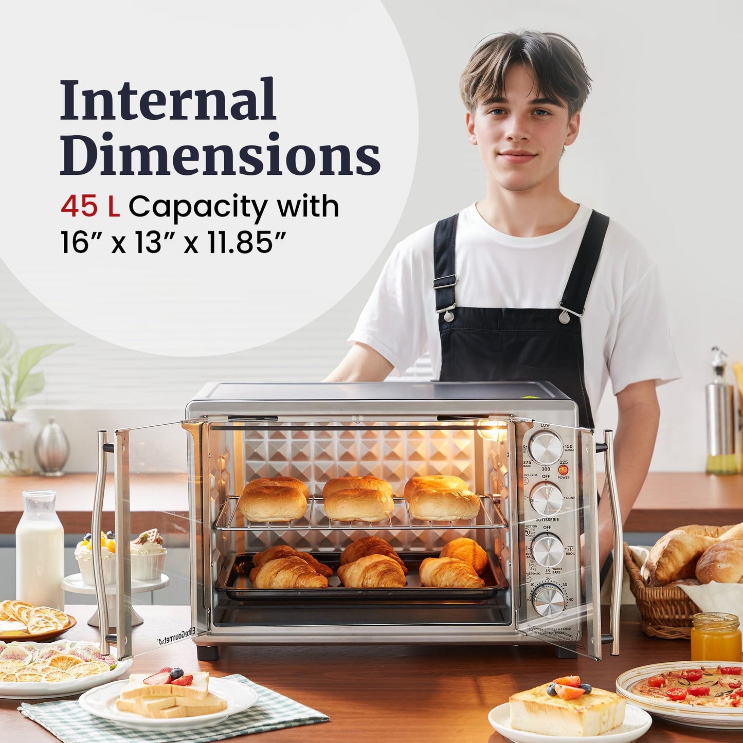Elite Gourmet ETO4524 - Horno tostador de convección de encimera de 45 L, puertas francesas, temperatura y temporizador ajustables, hornear, asar, asar, asar, tostar, incluye charola para hornear,