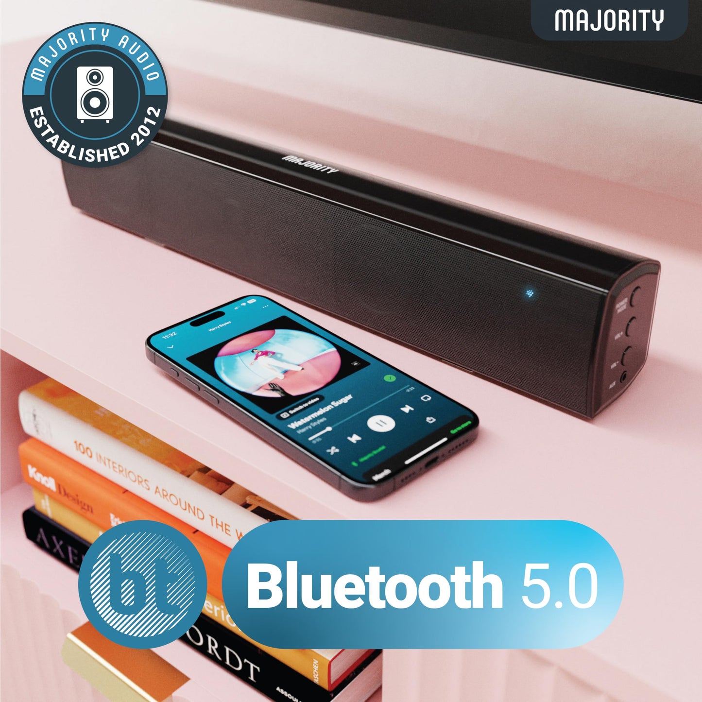 Majority Bowfell - Barra de sonido pequeña para TV con Bluetooth, RCA, USB, Opt, conexión AUX, mini sistema de sonido/audio para altavoces de TV/cine en casa, juegos, proyectores, 50 W, 15 pulgadas