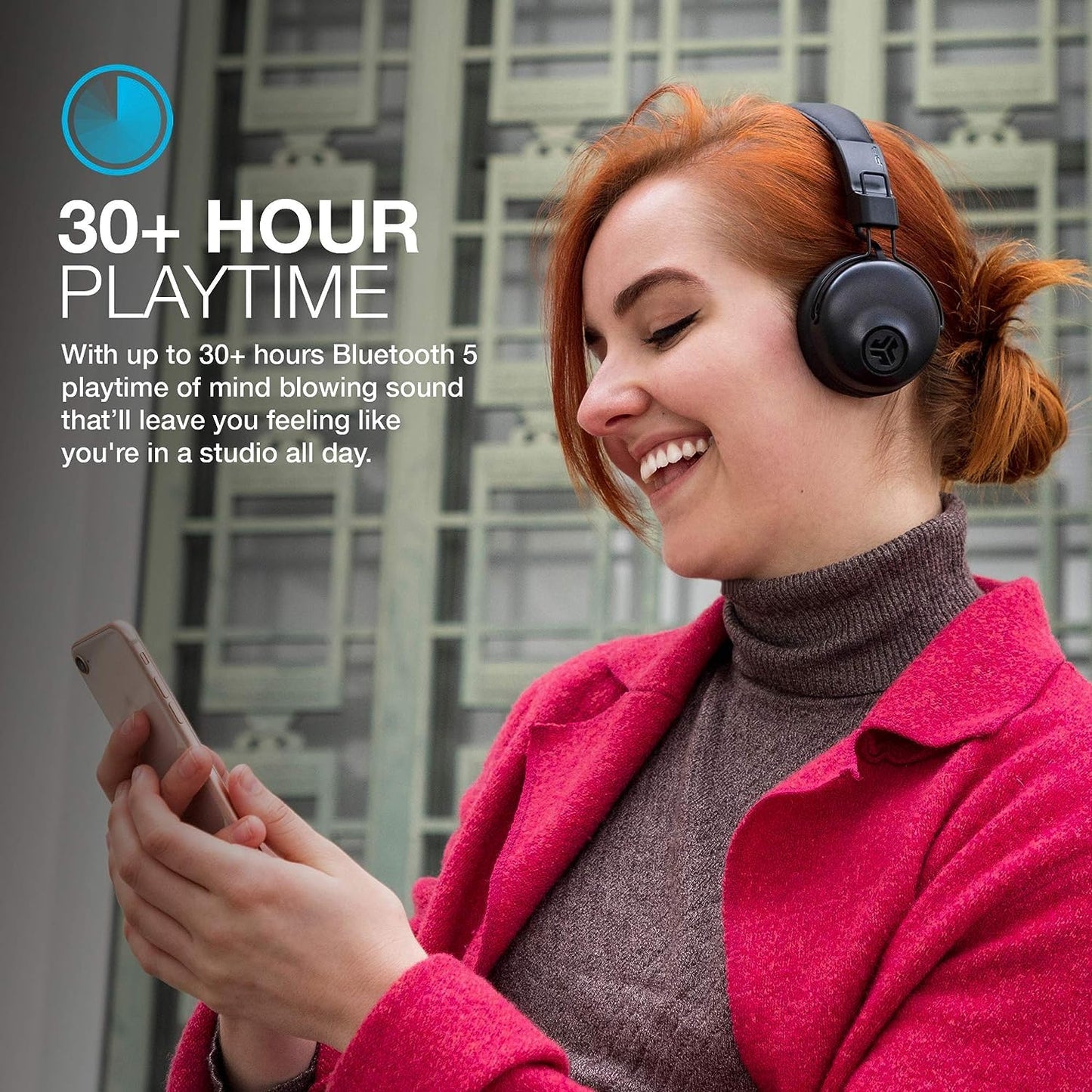 JLab Studio Auriculares Inalámbricos, Más de 30 Horas de Reproducción Bluetooth 5, Sonido EQ3, Cojines de Espuma de Nube y Cuero Sintético Ultra Afelpado, Controles de Pista y Volumen, Negros