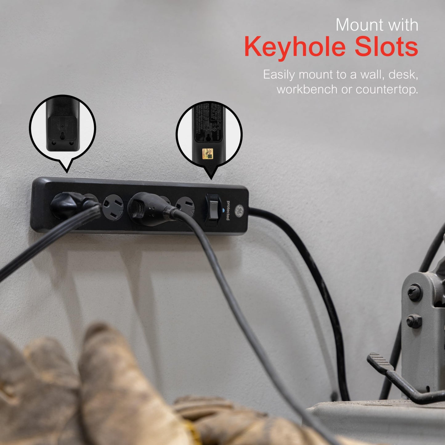GE Tira Multicontactos De 6 Salidas con Supresor De Picos Y Enchufe Plano, Protector de Sobretensión, Cable De Extensión De 1.8 Metros (6 Pies), 800 Julios, Negro, 1 Unidad, 33661