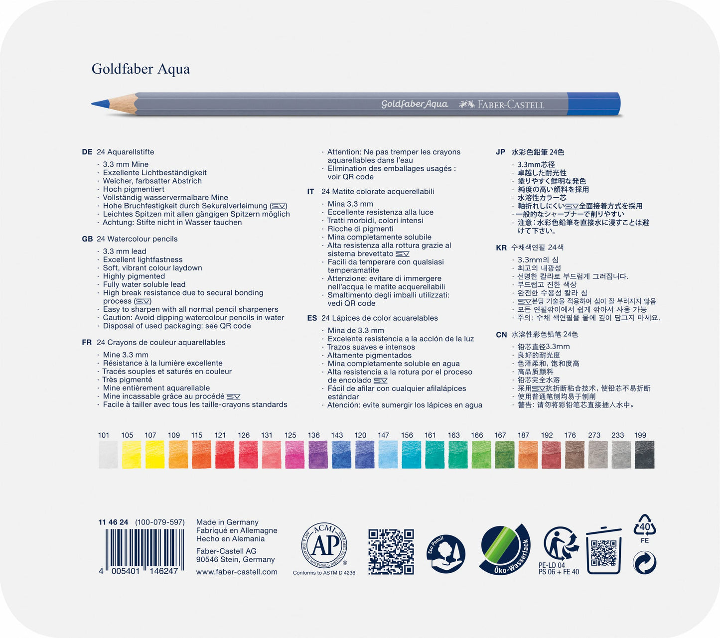Faber-Castell Goldfaber Aqua Multicolor 24pieza(s) - Lápiz de color (24 pieza(s), Multicolor, Suave, Madera, Hexagonal, Alemania)