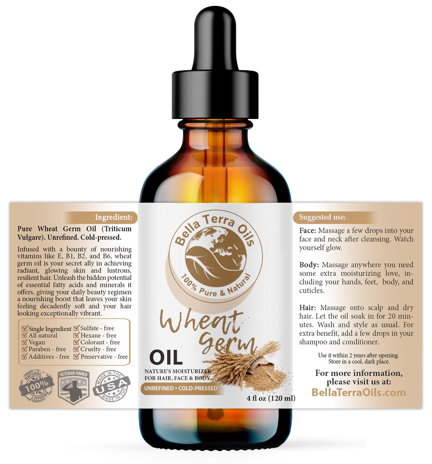 Bella Terra Oils Wheat Germ Carrier Oil. 4oz. 100% Pure. Cold-pressed. Unrefined. Rich in Vitamin E. Non-comedogenic. Soothes Dry Skin. Natural Moisturizer for Skin Hair Nails Stretch Marks