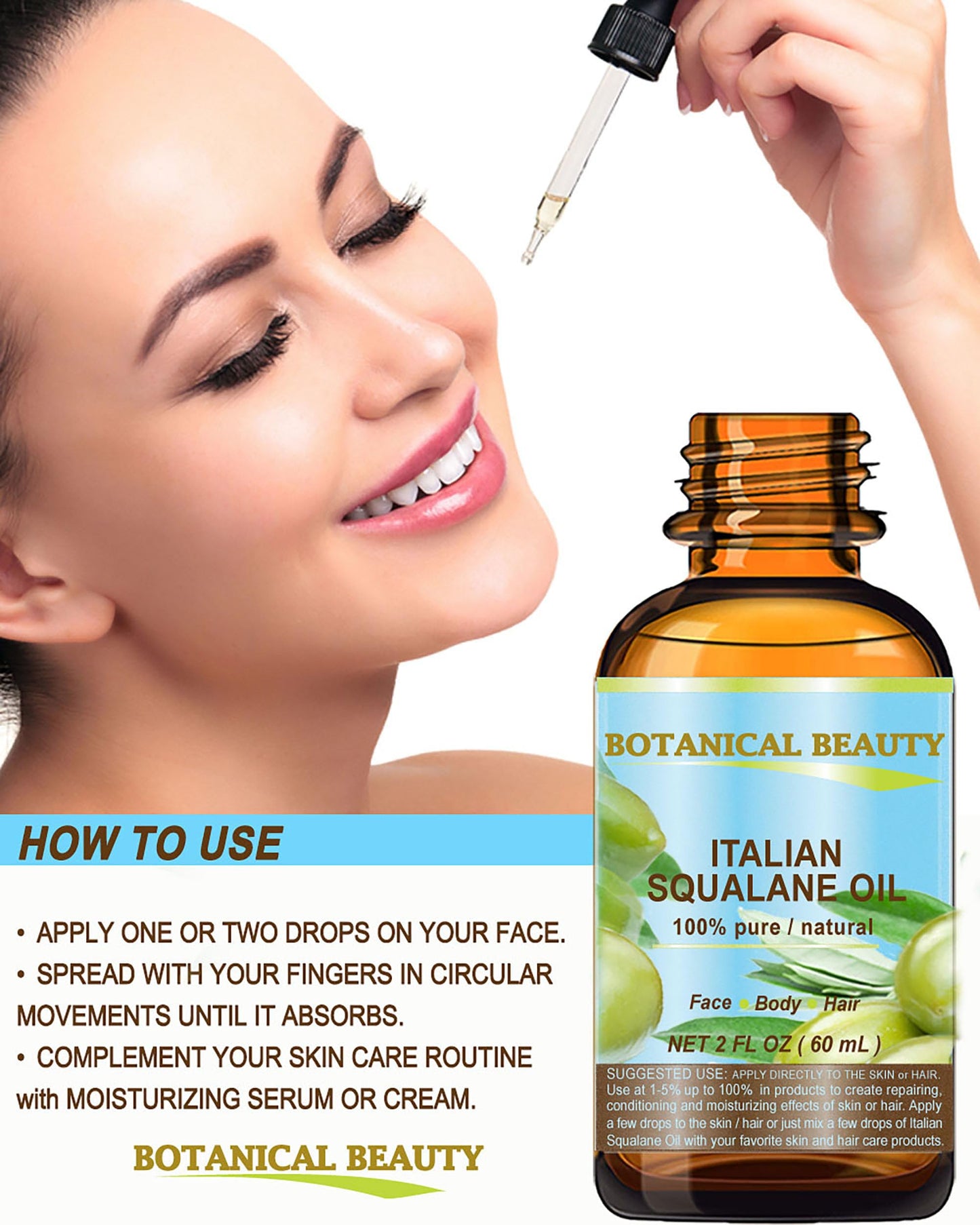 SQUALANE Italian. 100% Pure / Natural / Undiluted Oil. 100% Ultra-Pure Moisturizer for Face , Body & Hair. Reliable 24/7 skincare protection. 1 fl.oz- 30ml. by Botanical Beauty.