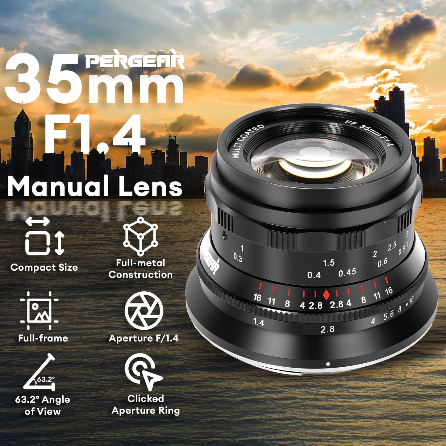 PERGEAR - Lente de Enfoque Manual de fotograma Completo F1.4 de 35 mm, Compatible con cámaras Sony E-Mount A7 A7II A7III A7R A7RII A7RIII A7RIV A7S A7SII A7SIII A9 A7C A6400 A6600 A6100 A6500 A63000