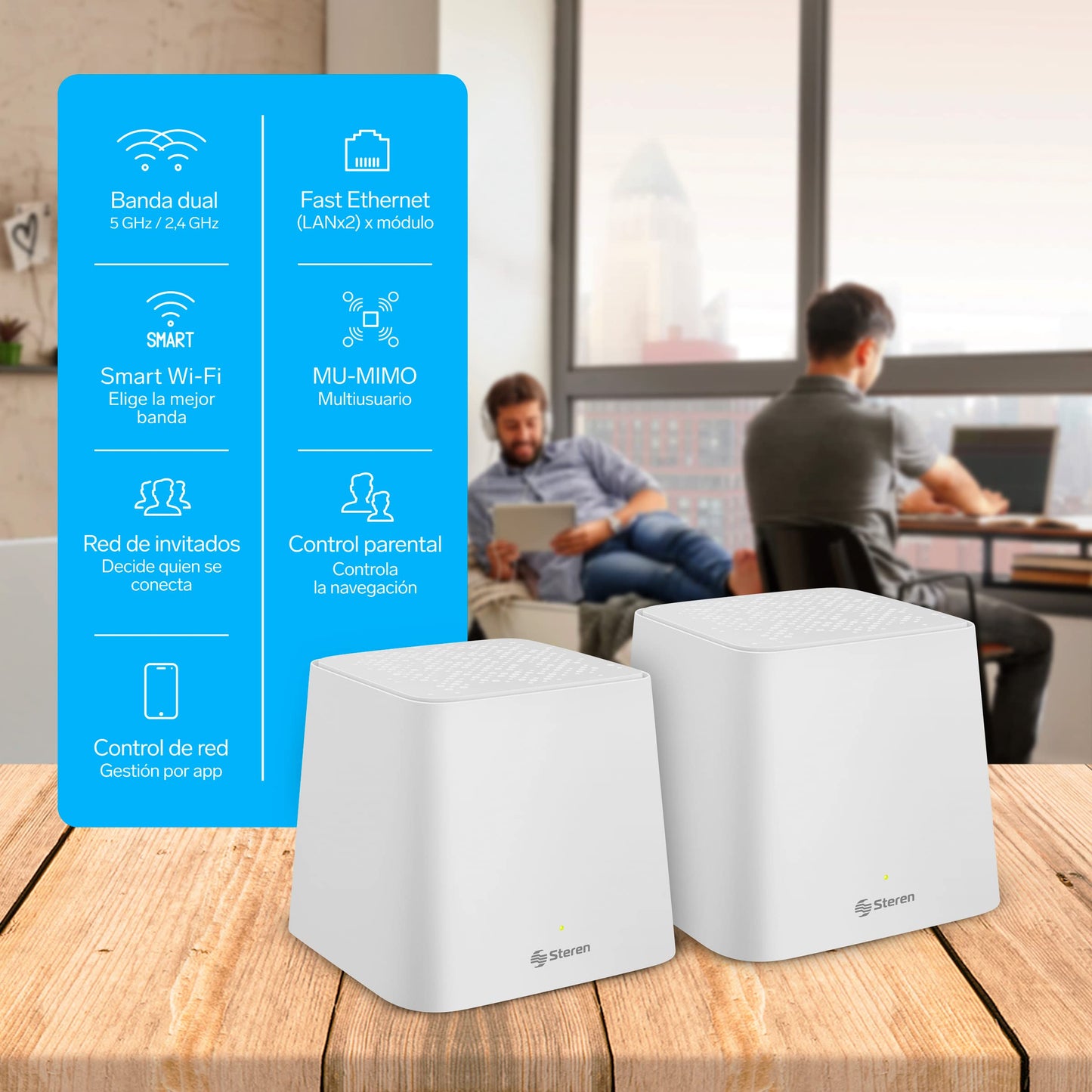 STEREN MESH-200 Sistema Smart Wi-Fi Mesh Doble, 2,4 GHz y 5 GHz (B/G/N/A/AC/V/R), AC 1200, 2 Puertos LAN Fast Ethernet por Cada módulo, Color Blanco, gestión Desde App