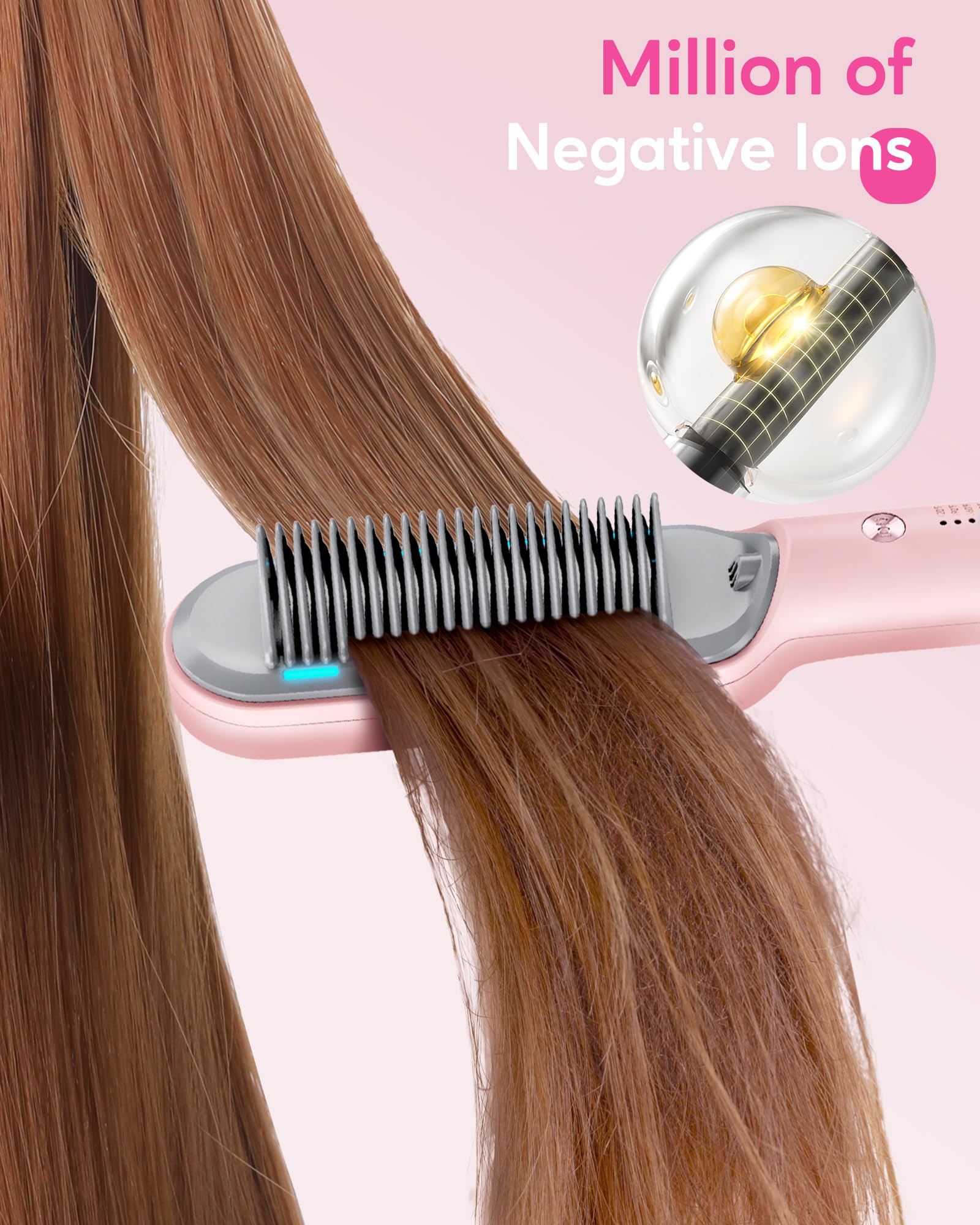 Wavytalk Cepillo alisador de pelo, cepillo iónico para alisar el cabello con 6 ajustes de temperatura, peine alisador de cerámica anticaldo, calentamiento rápido para salón en casa, rosa de