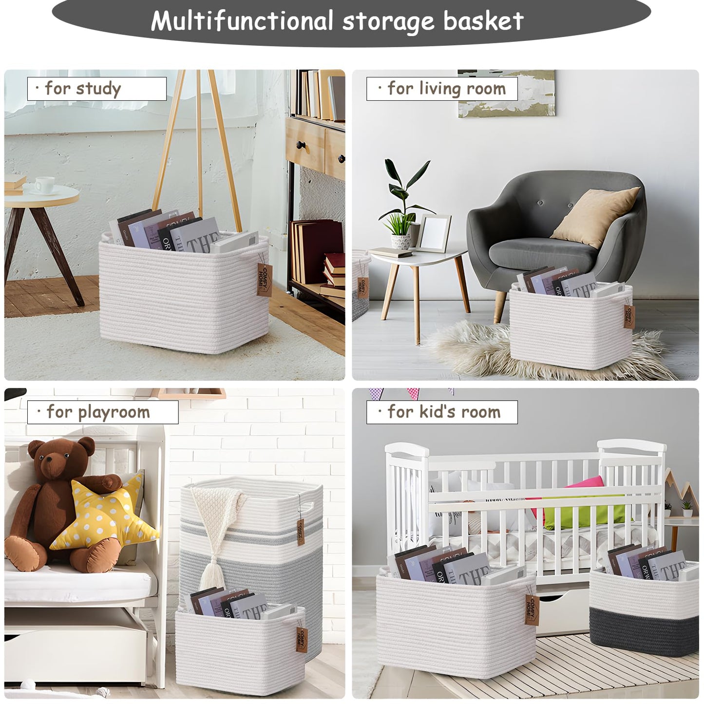 COMFY-HOMI - Paquete de 3 cestas cuadradas de cuerda de algodón con asas para estantes, cesta de juguetes para perros y almacenamiento, cesta de bebé para regalo, cesta de zapatos para organizar la