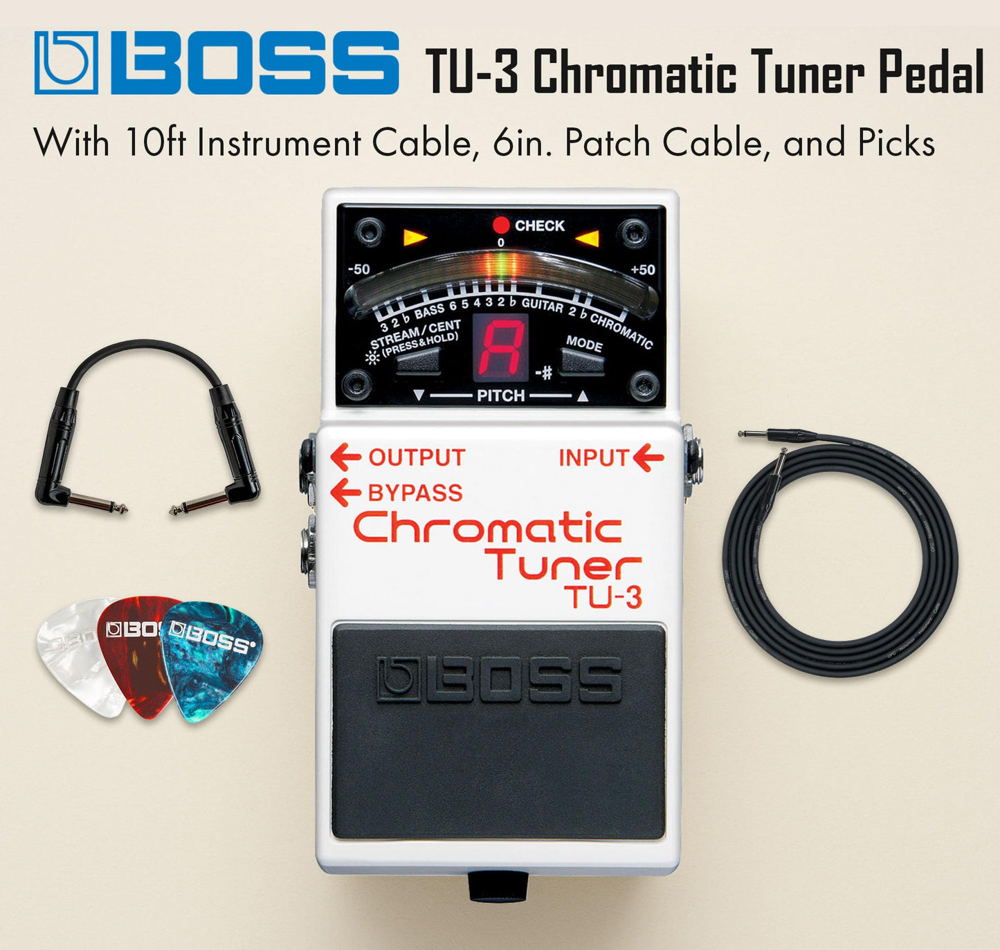 Boss TU-3 - Pedal de afinador cromático - Paquete con cable de instrumento Gearlux, cable de conexión y púas