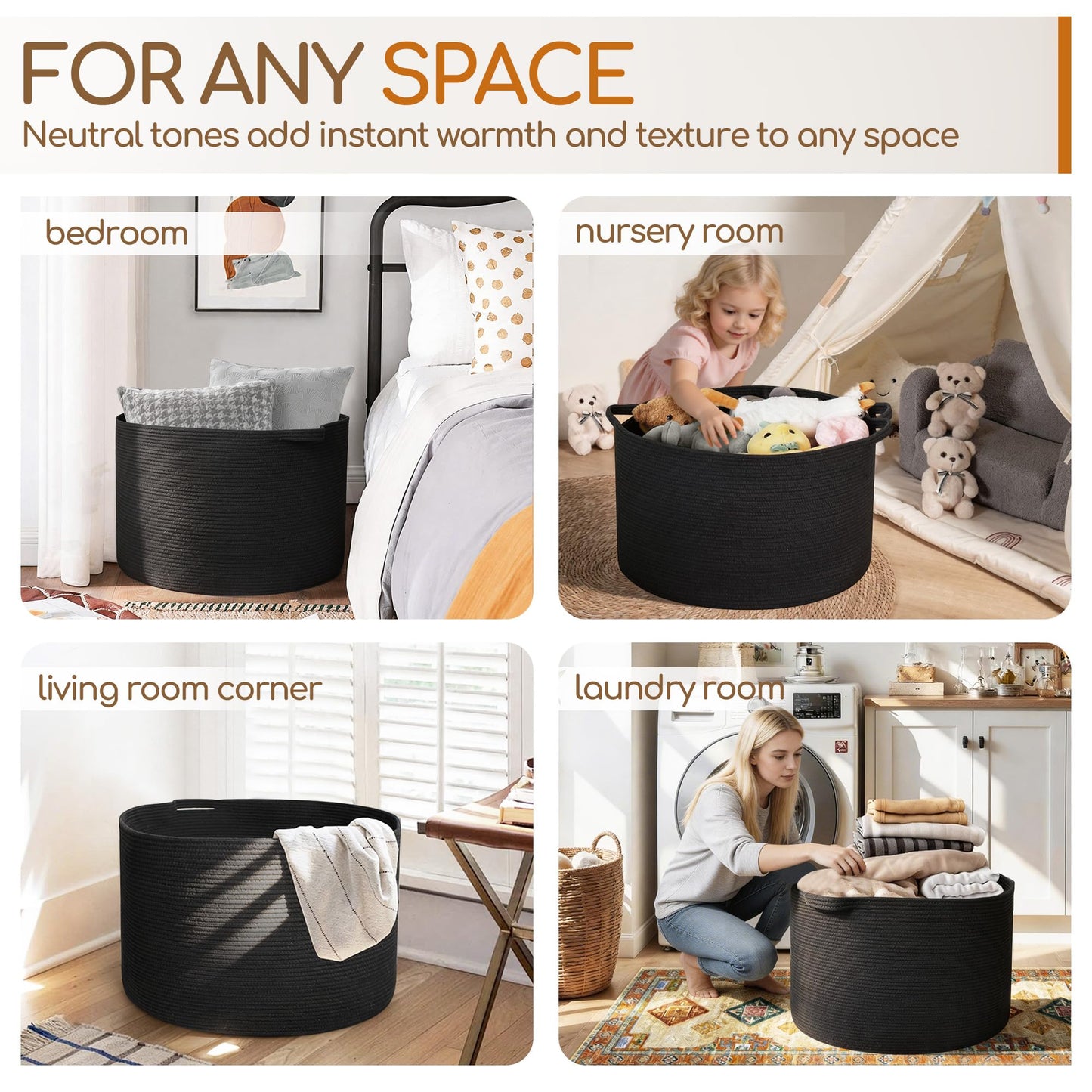 MEGASKET Cesta grande de manta negra, 55.88 x 55.88 x 35.56 cm, cestas de cuerda tejida para almacenamiento, cestas de almacenamiento de juguetes para perros para niños, cestas organizadoras,