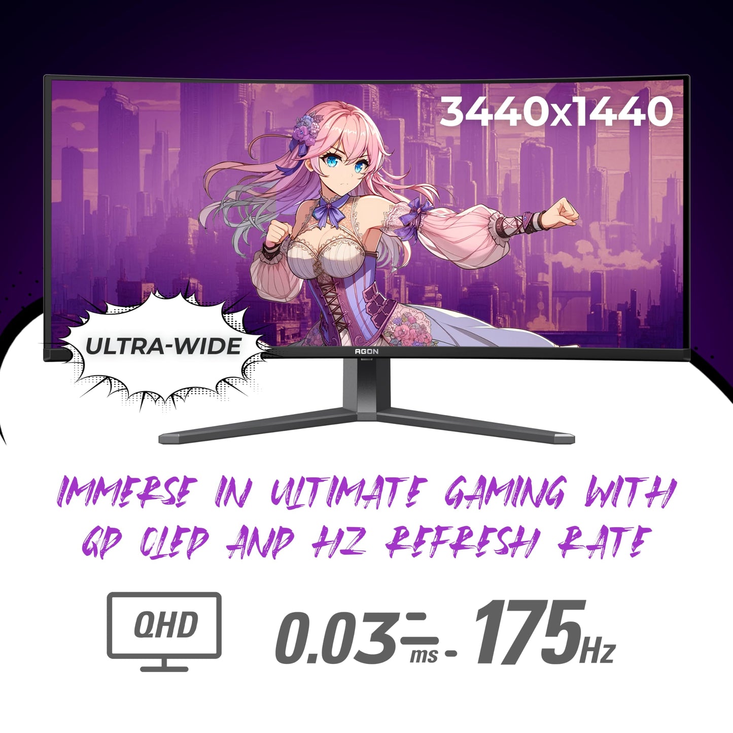 AOC Agon PRO AG346UCD Monitor de juego QD OLED ultra ancho curvado de 34 pulgadas, WQHD 21:9 3440 x 1440, 175Hz 0.03ms, compatible con G-Sync, HDR 400 True Black, USB 3.2, altura ajustable, lista para