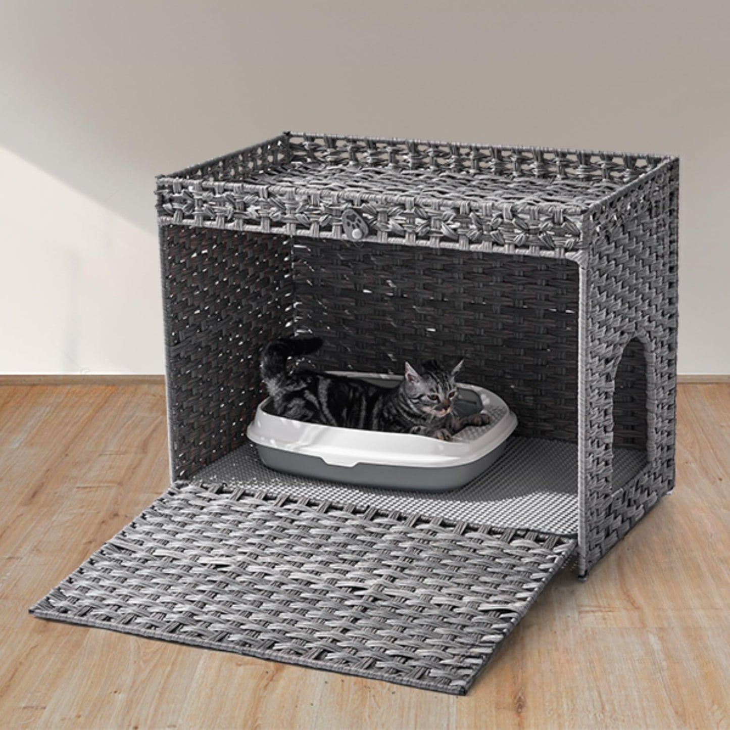 FABATO Arenero para Gato Grande Cerrado - Casa para Gatos Exterior - Puerta Lateral para tu Mascota - Mueble de Mimbre Ratán Tejido a Mano - Incluye Alfombrilla Suave (Gris)