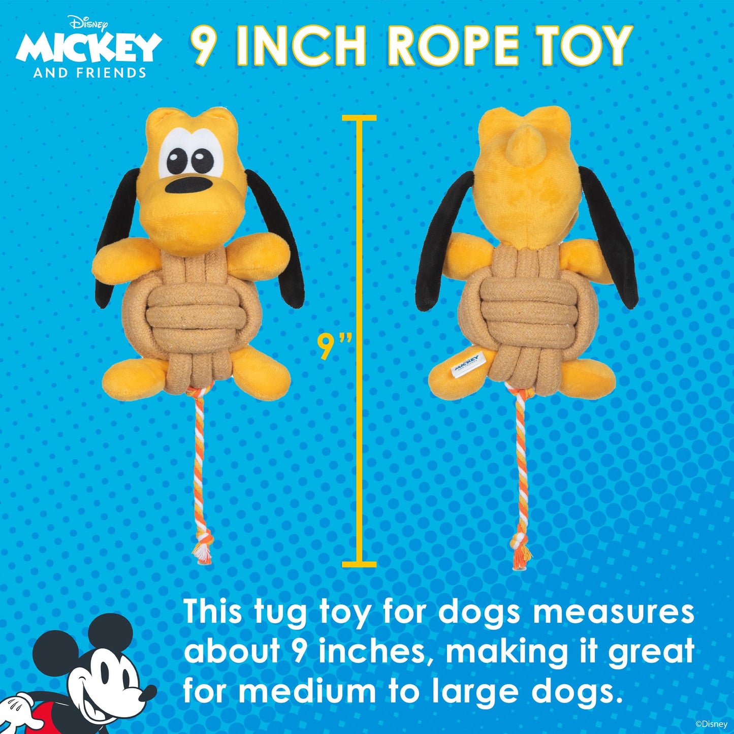 Disney for Pets Pluto Knotty Rope Juguete para Mascotas con chirriador, 9 Pulgadas | Juguetes chirriantes para Perros | Juguete de Cuerda para Perros Inspirado en Plutón de Mickey y Amigos
