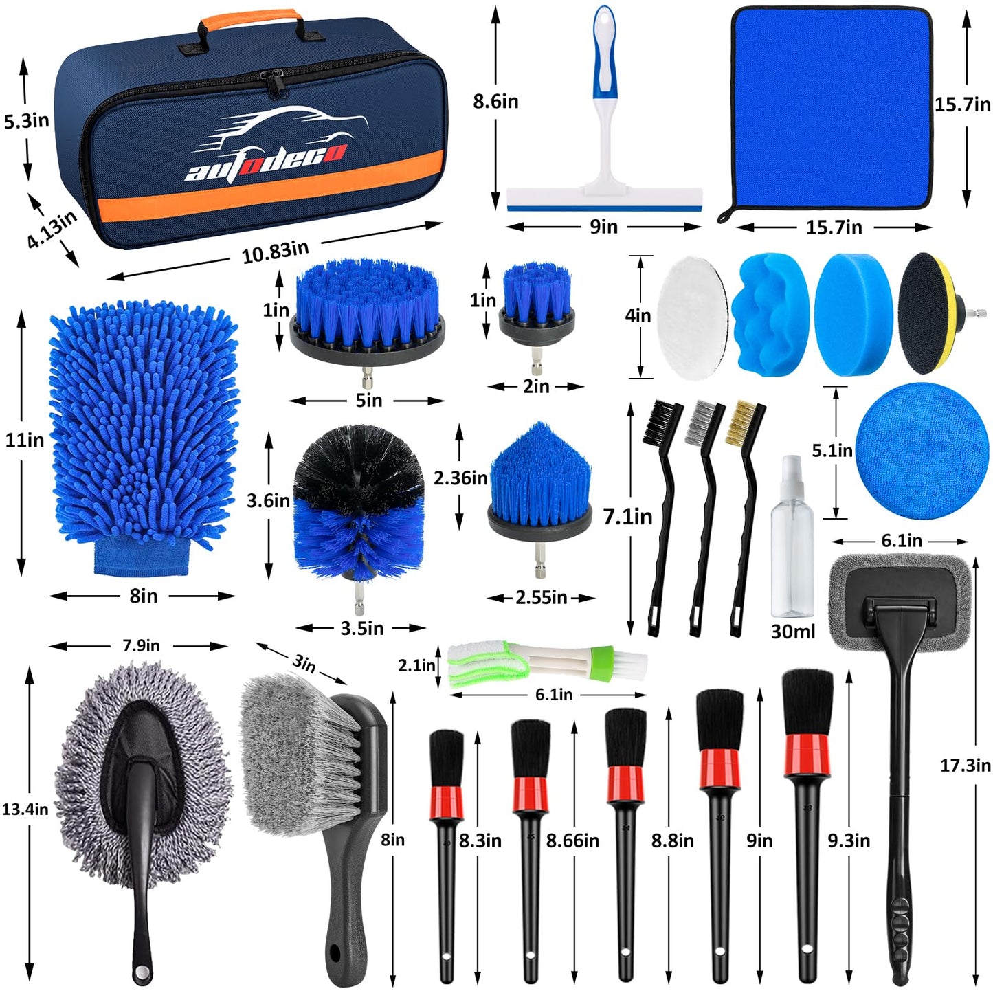 AUTODECO - Juego de 27 cepillos para detalles de coche, kit de detalles de coche, juego de cepillos de taladro para detalles automáticos, kit de herramientas de limpieza de lavado de automóviles para interiores, exteriores, ruedas, azul