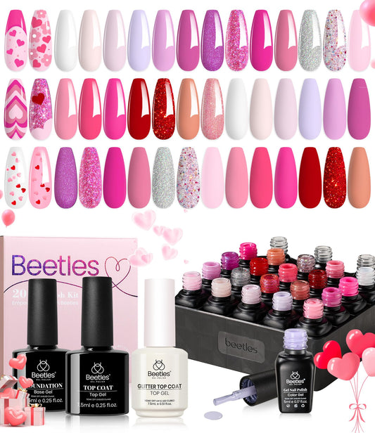 Beetles - Juego de esmalte de uñas en gel rosa, 20 colores, colección Alluring Sweetie, color nude, morado, purpurina, rojo, kit de manicura en gel ultravioleta con base, capa superior brillante y mate, regalo